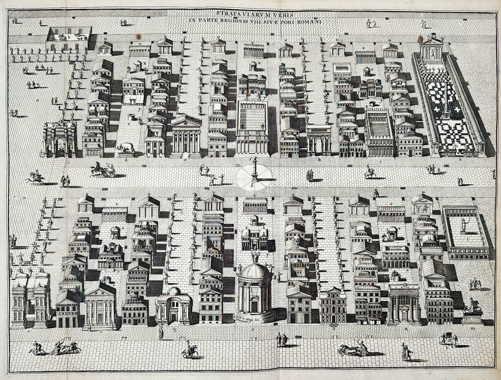 François Halma (1653–1722) – View of the Roman Forum and Surrounding Structures: This topographical illustration provides a reconstruction of the ancient Roman Forum and its surrounding architectural landscape under the heading Strata Viarum Urbis. The plate displays a dense grid
