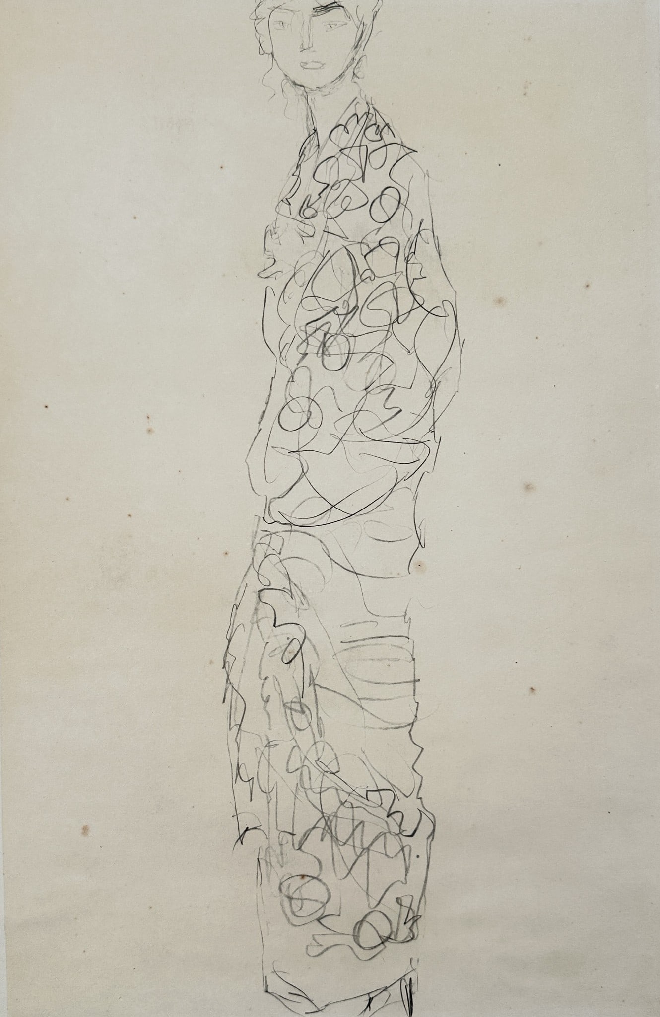Gustav Klimt (1862–1918) – Full-Length Study of a Woman – Etching (20th Century): This print, derived from an original drawing, is a full-length study of a standing woman draped in an elegant, flowing garment. The figure is highly stylized, with the form created primarily through r
