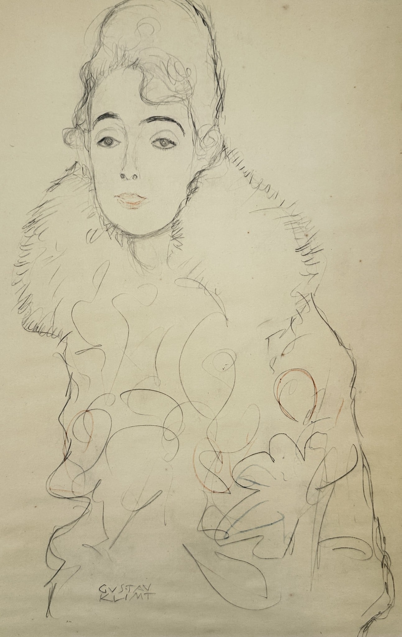 Gustav Klimt (1862–1918) – Portrait of a Woman with Fur – Etching (20th Century): This print, derived from an original drawing, is a portrait study of a woman draped in a large fur collar or wrap. The figure is rendered using Klimt's characteristic elegant, fluid contour lines, wit