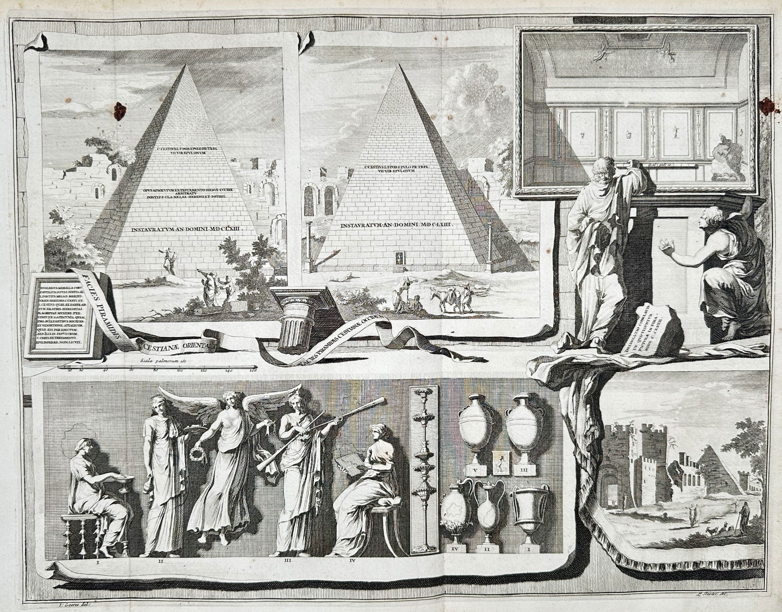 Jan Goeree (1670–1731) - Studies of Pyramids and Classical Antiquities - Copperplate: This copperplate engraving is a composite plate detailing various aspects of ancient architecture and culture. The upper section features two monumental pyramids and an architectural cross-section. Th