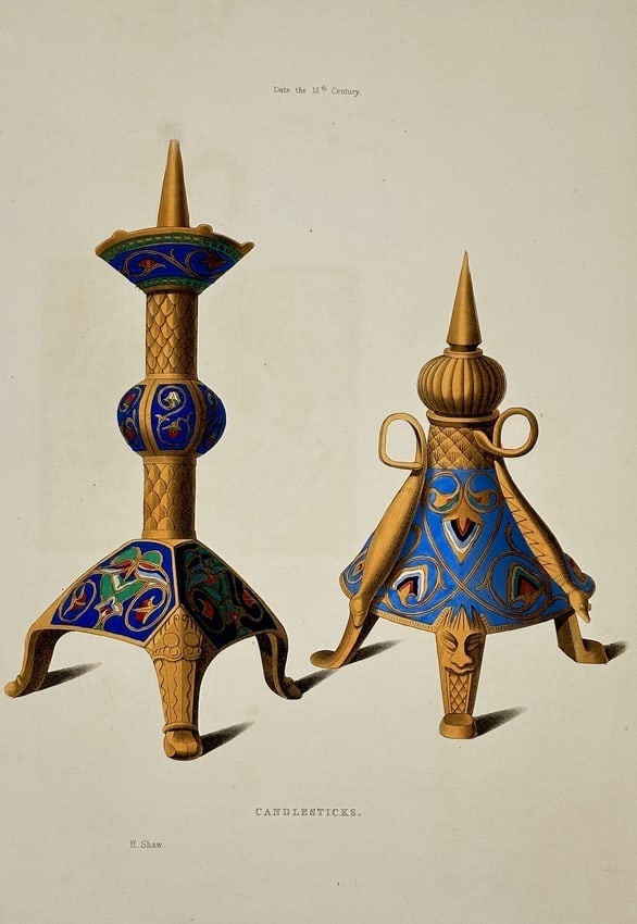 Henry Shaw (1800–1873) – Illustration of Enamelled Candlesticks – Hand-colored (1 of 2)
