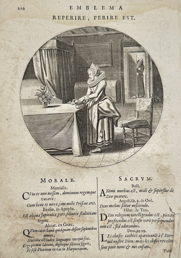 Jacob Cats (1577–1660) – Emblema: To Find Is To Strike – Engraving (17th Century: This print is an engraving from an emblem book by Jacob Cats, titled "Emblema: Reperire, Ferire Est." (To Find Is To Strike.). The central image is a circular illustration showing a well-dressed woman