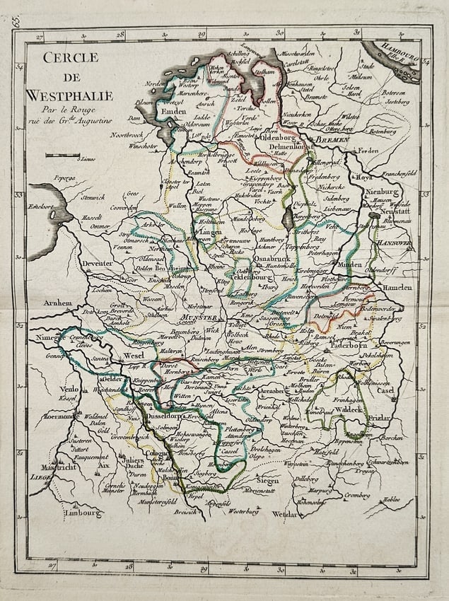 Georges-Louis Le Rouge – Map of the Circle of Westphalia – Engraving: This engraving is a finely detailed map titled "CERCLE DE WESTPHALIE," depicting the Circle of Westphalia (Niederrheinisch-Westfälischer Reichskreis), one of the large administrative divisions of the