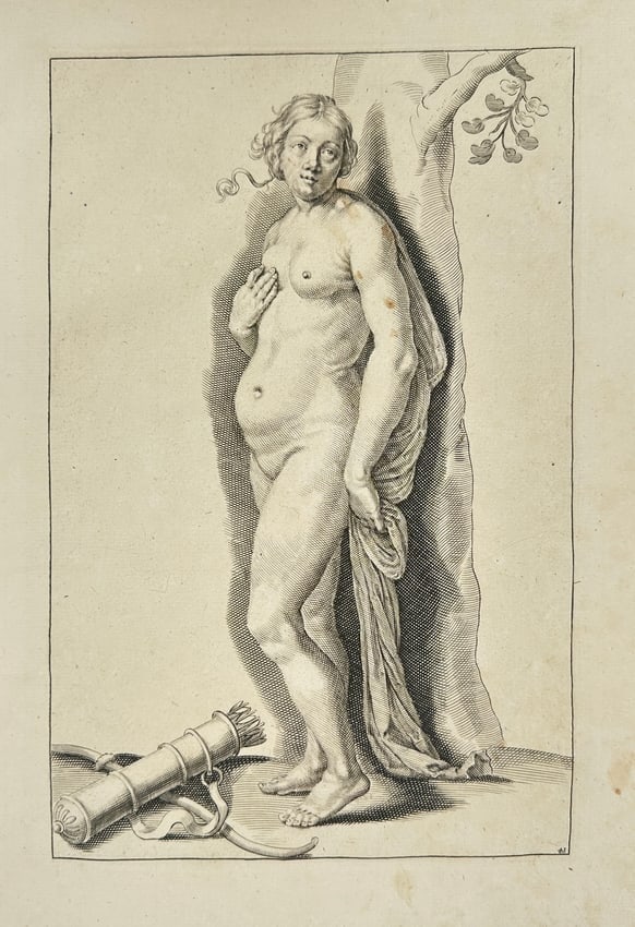 Frederick de Wit (1629–1706) – Allegorical Nude with Quiver and Laurel Branch: This elegant engraving depicts a standing nude female figure beside a tree trunk and laurel branch, her posture evoking modesty and classical balance. At her feet lie a quiver and bow, suggesting alle