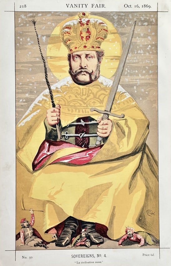 James Jacques Tissot - Alexander II, Emperor of Russia - Chromolithograph: This political caricature depicts Alexander II, Emperor of Russia, clad in heavy, richly colored robes and a crown, holding symbols of imperial power: a large sword and a knout (whip). The caption, "L
