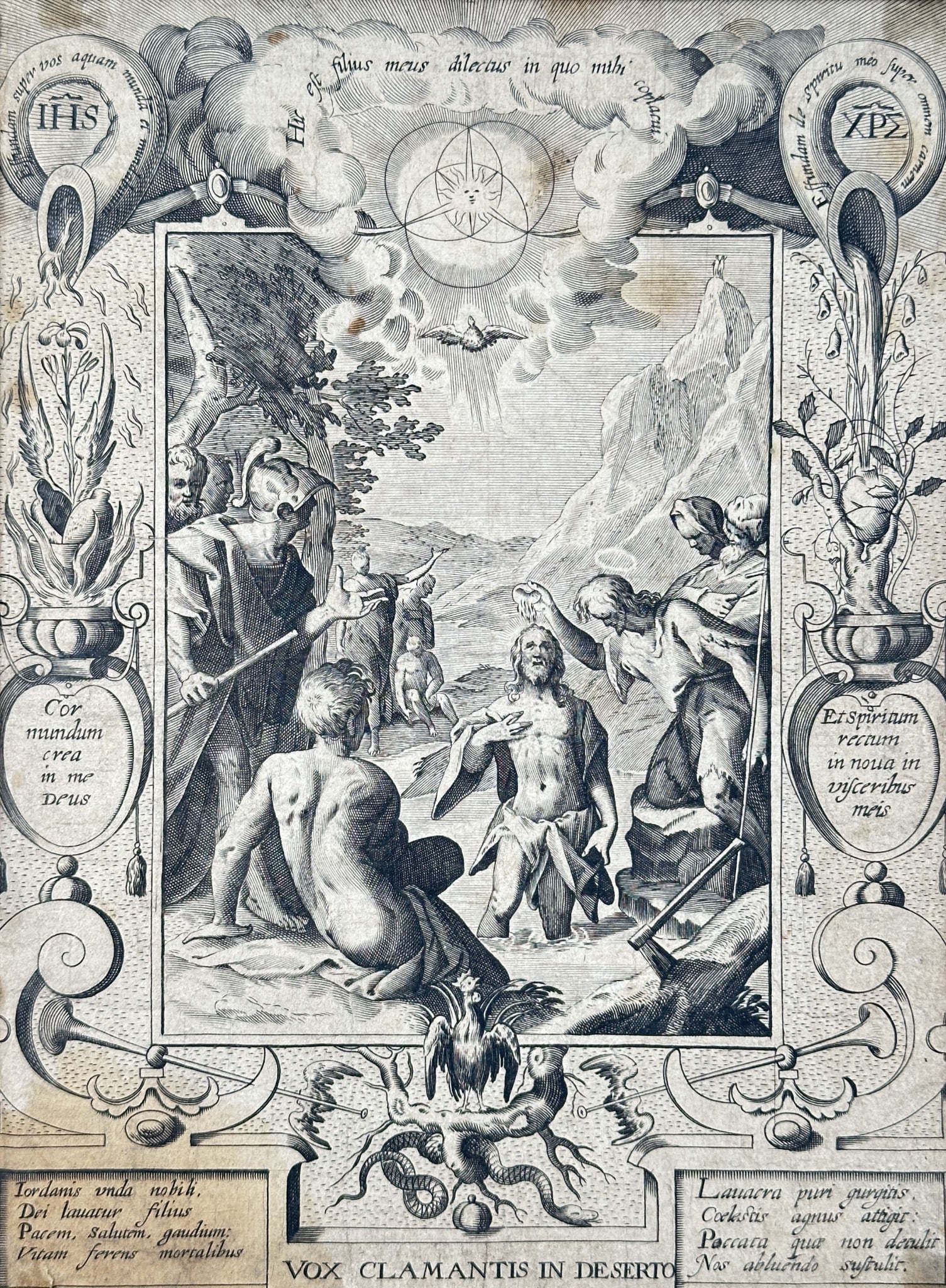 Jan Sadeler I (1550–1600) – The Baptism of Christ with Emblematical Border (1 of 3)