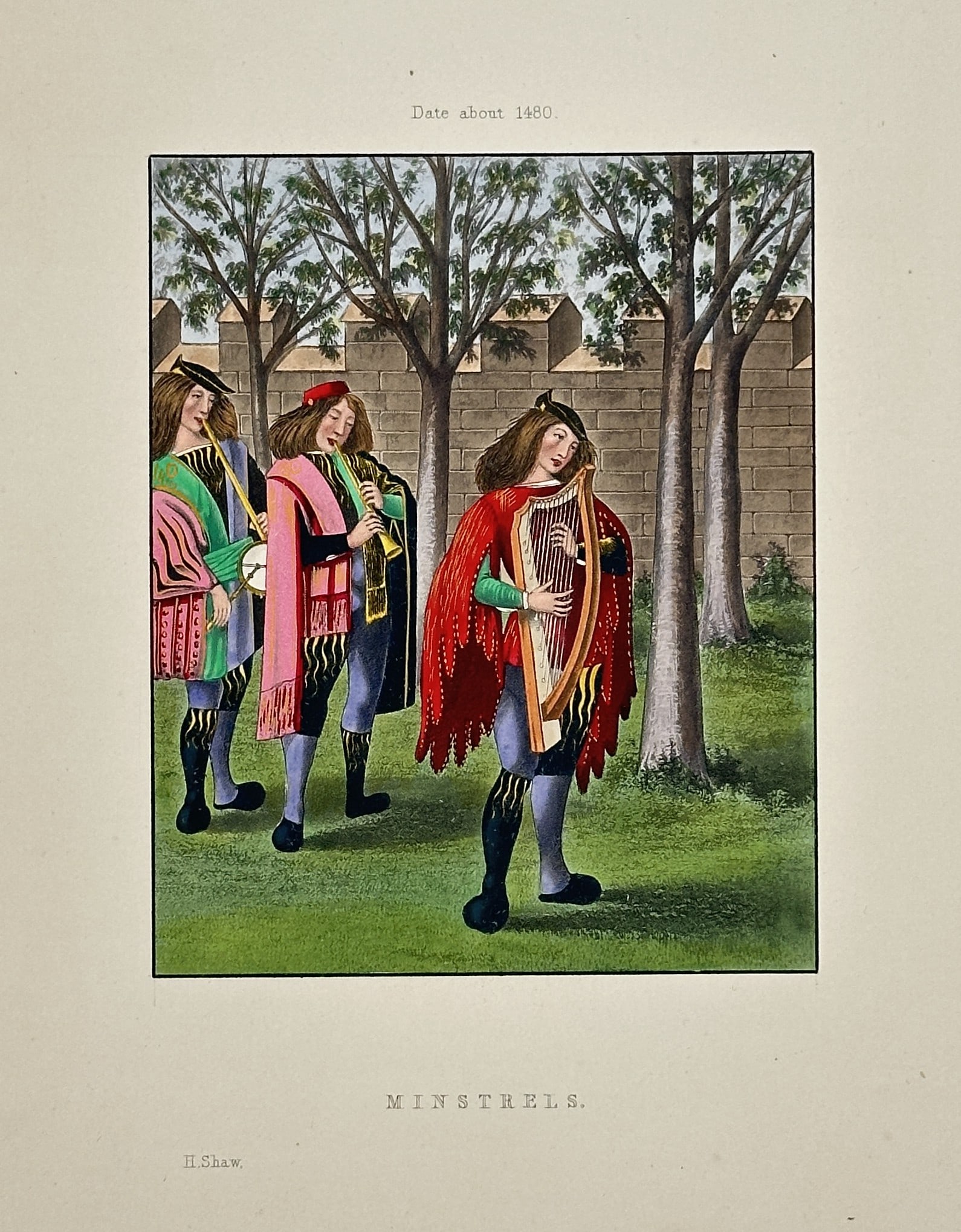 Henry Shaw (1800–1873) – Minstrels – Engraving, Hand-coloured (Circa 1843): This colourful print, titled Minstrels, depicts three figures in elaborate, short-sleeved robes and hose, identified as minstrels, against the backdrop of a walled garden. The figure in the foreground