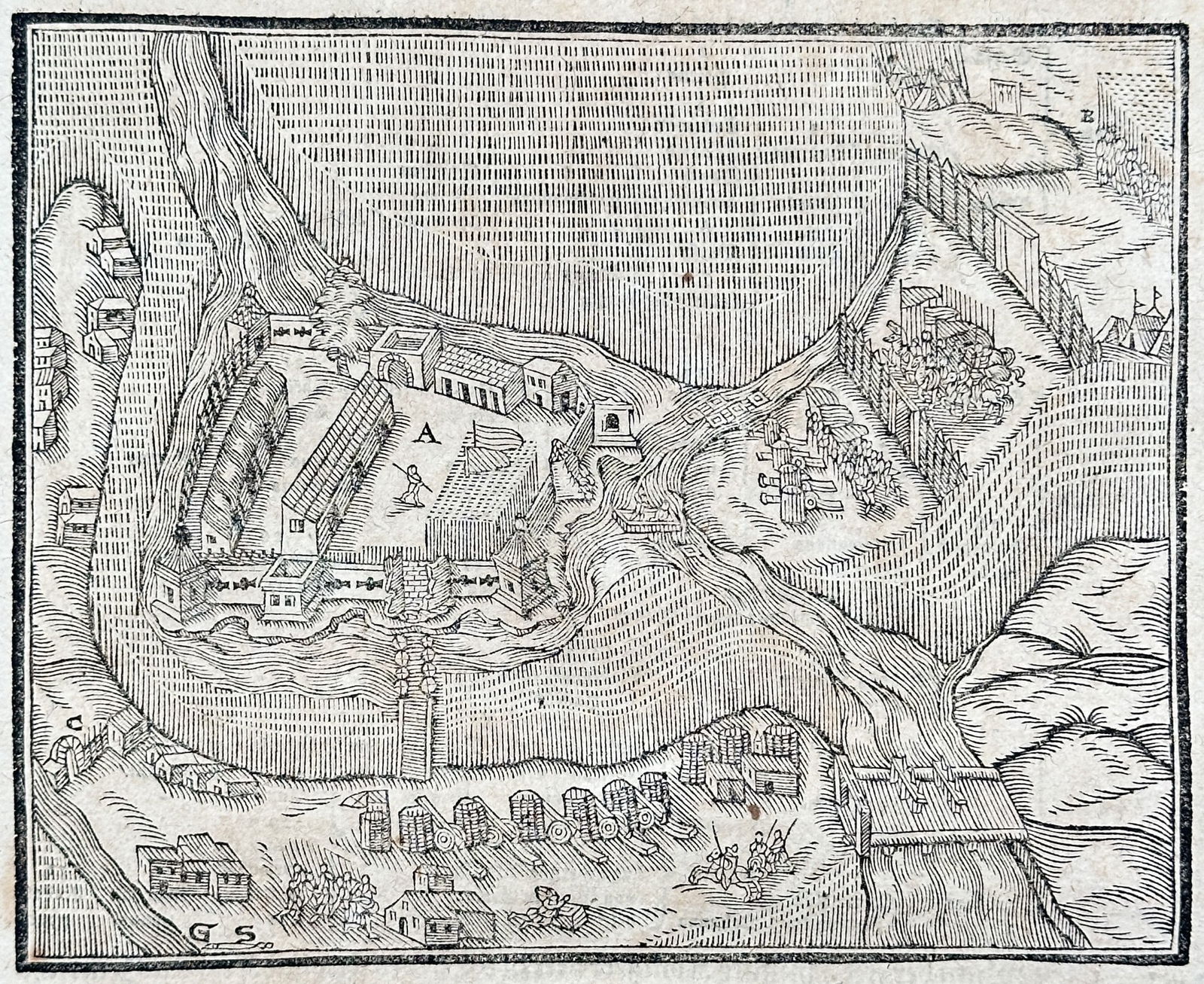 Sebastian Münster (1488–1552) – View of the Fortress of Bacza in Hungary – Woodcut (1 of 3)