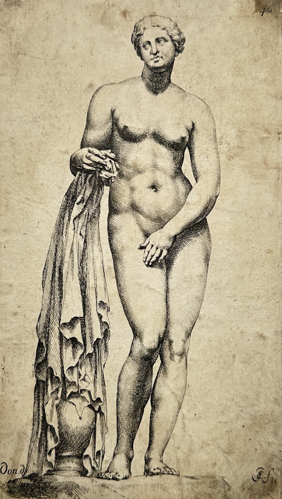 Unknown Artist – Statue of Venus Pudica (Capitoline Venus) – Engraving (c. 1800): This detailed engraving documents a classical marble statue, representing a variation of the Venus Pudica type, where the goddess is shown nude, standing with her arm crossed toward her body while hol