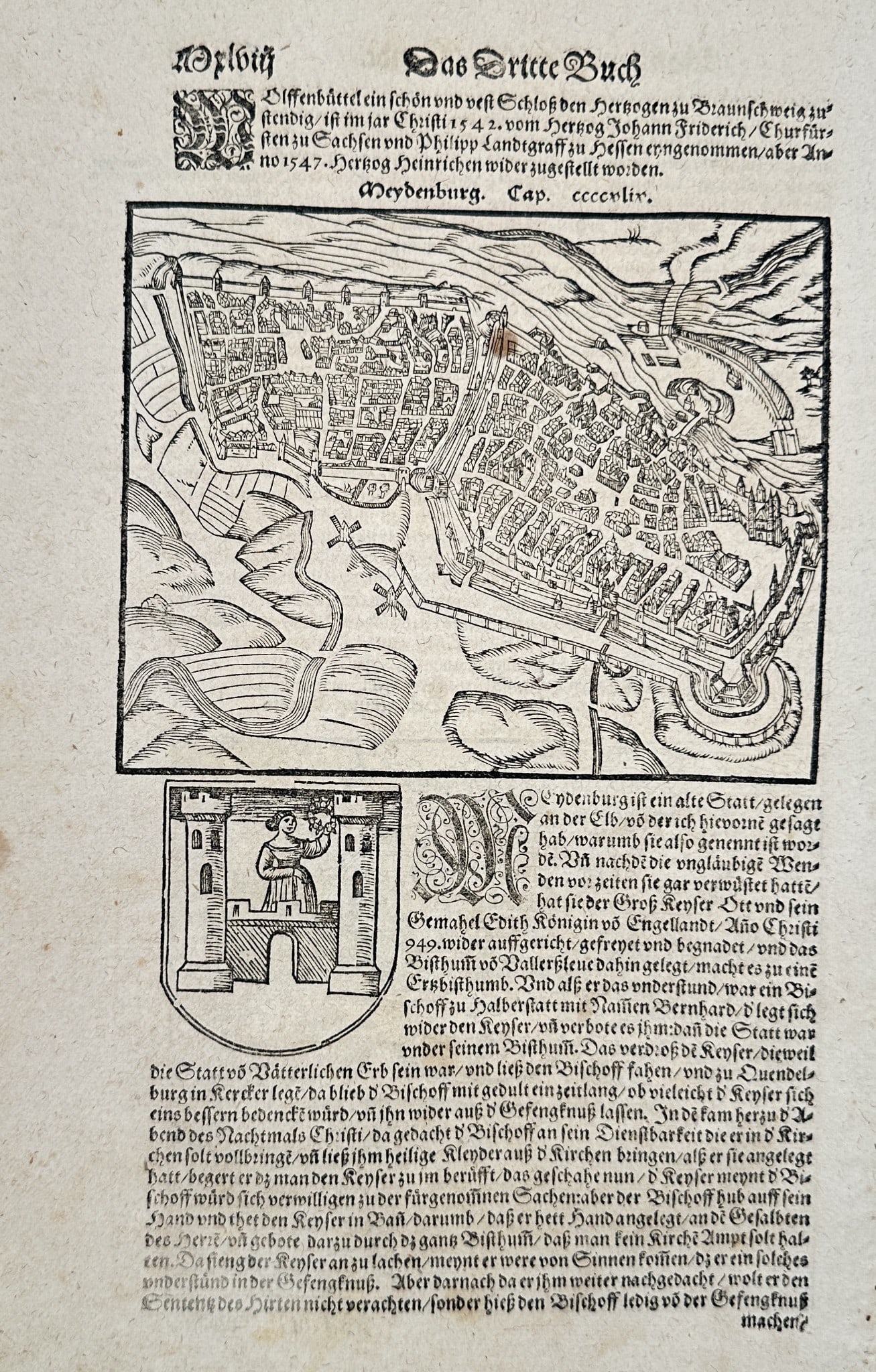 Sebastian Münster (1488–1552) – Map of Magdeburg and Regional Coat of Arms (1 of 3)
