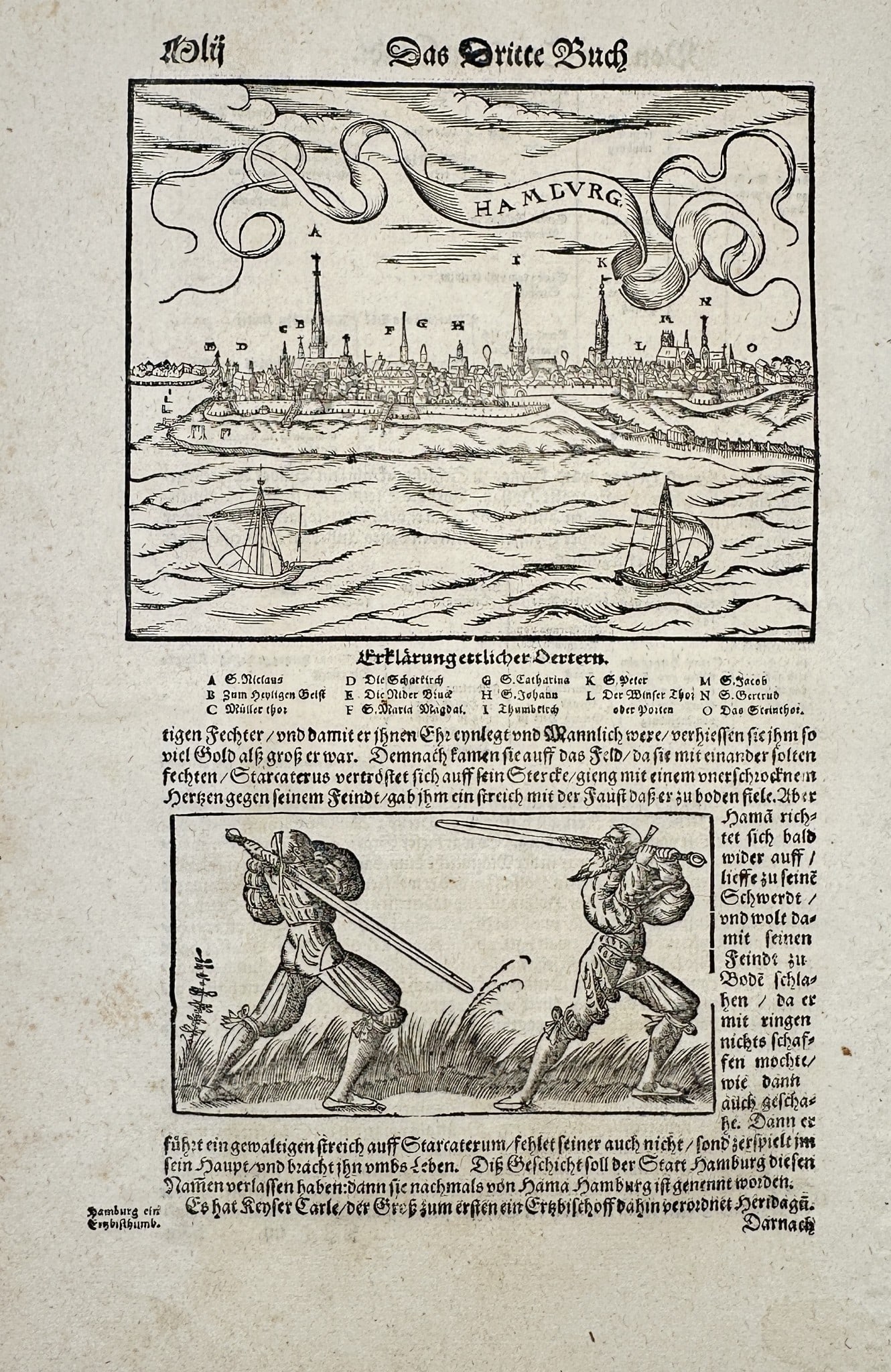 Sebastian Münster (1488–1552) – Map of Hamburg and Scene of Duel – Woodcut (1 of 3)