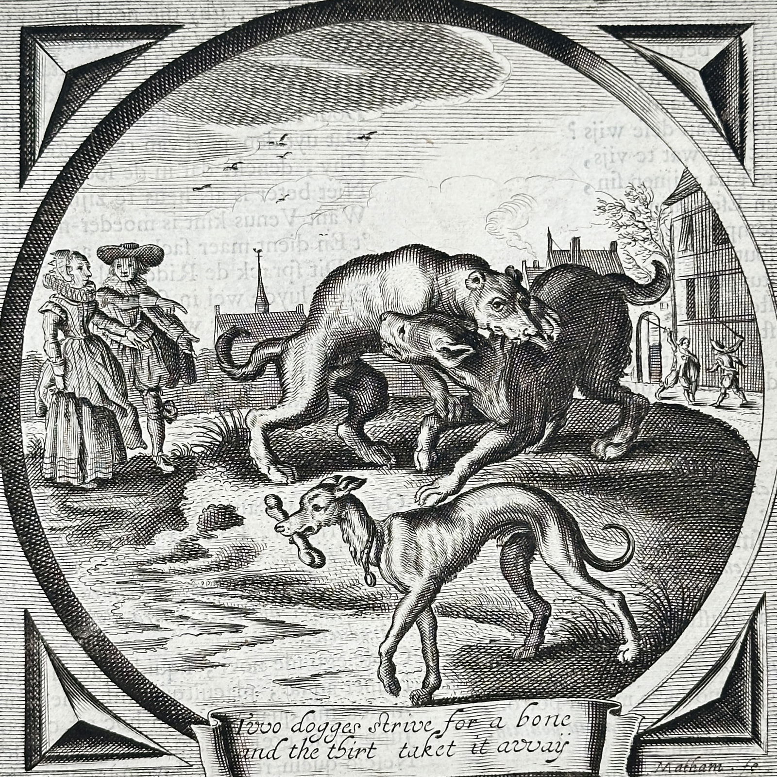 Jacob Cats (1577–1660) – Two Dogs Strive for a Bone – Engraving (1630–1660): This engraving depicts a moralizing scene centered on three dogs in a dispute over a bone, featured within an oval frame for the work of Eerlicke Vryagie. The primary composition shows two larger dogs