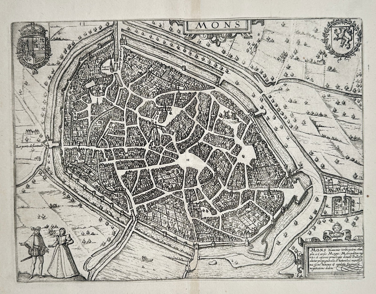 Lodovico Guicciardini (1521–1589) – Map of Mons, Belgium – Copperplate engraving (1 of 2)