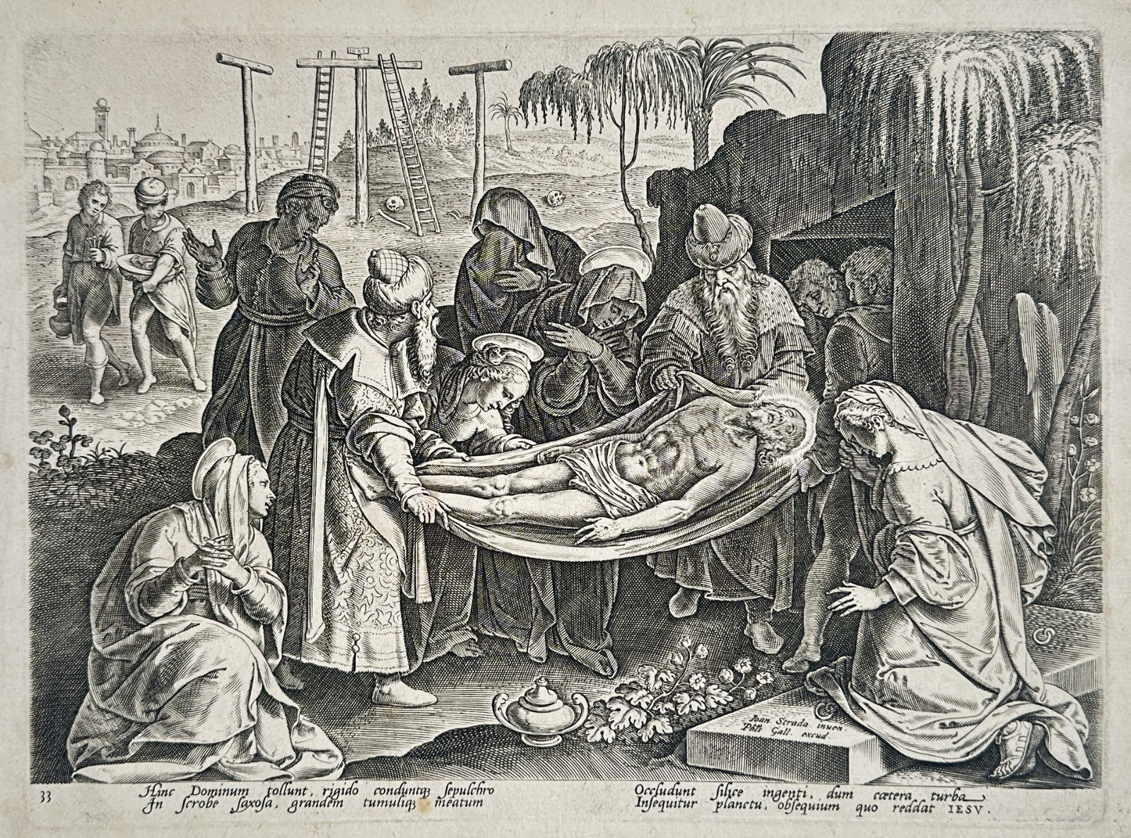 Jan van der Straet (1523–1605) – The Entombment of Christ – Copperplate engravin (1 of 2)