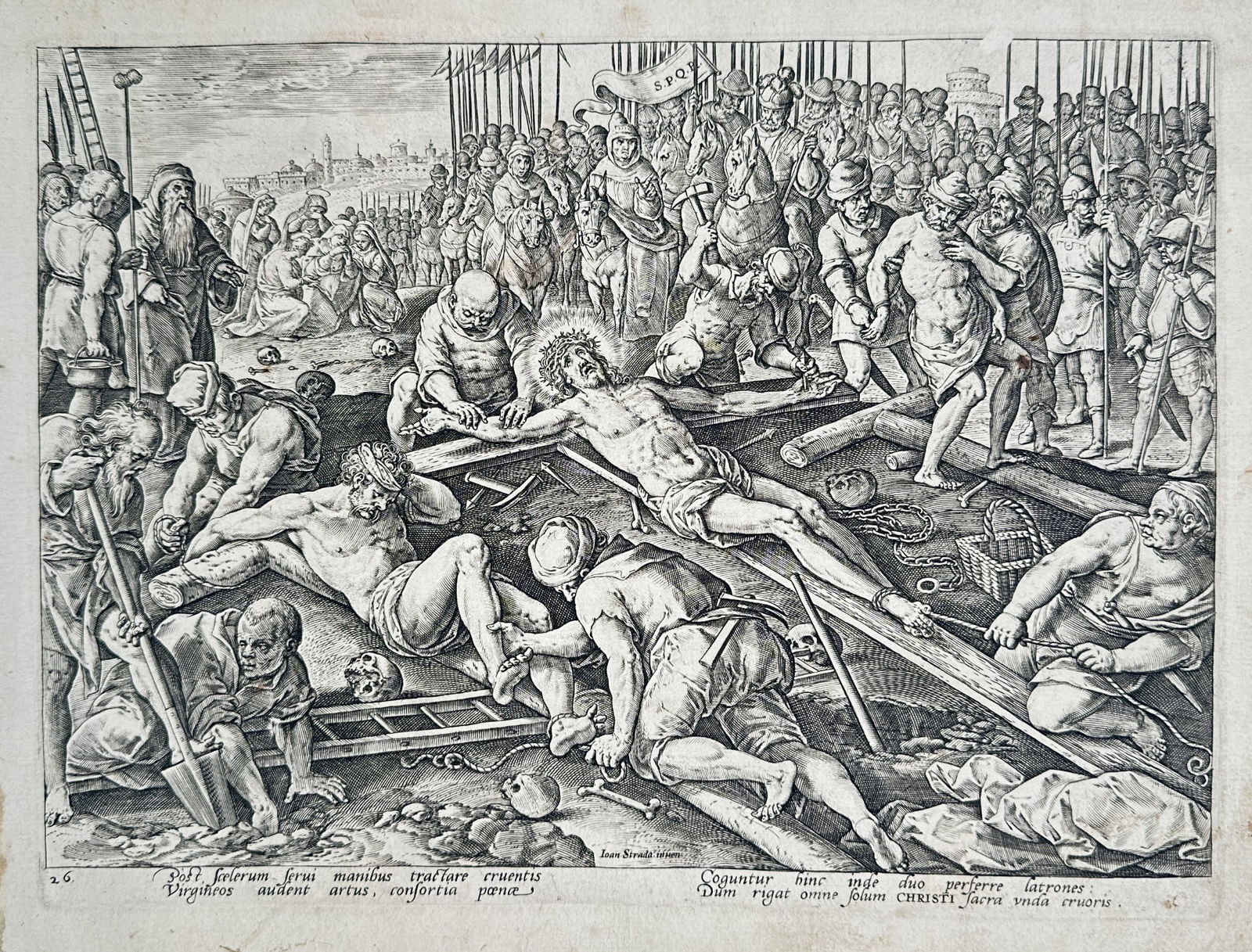 Adriaen Collaert (1560–1618) - Raising of the Cross - Copperplate Engraving (1 of 2)