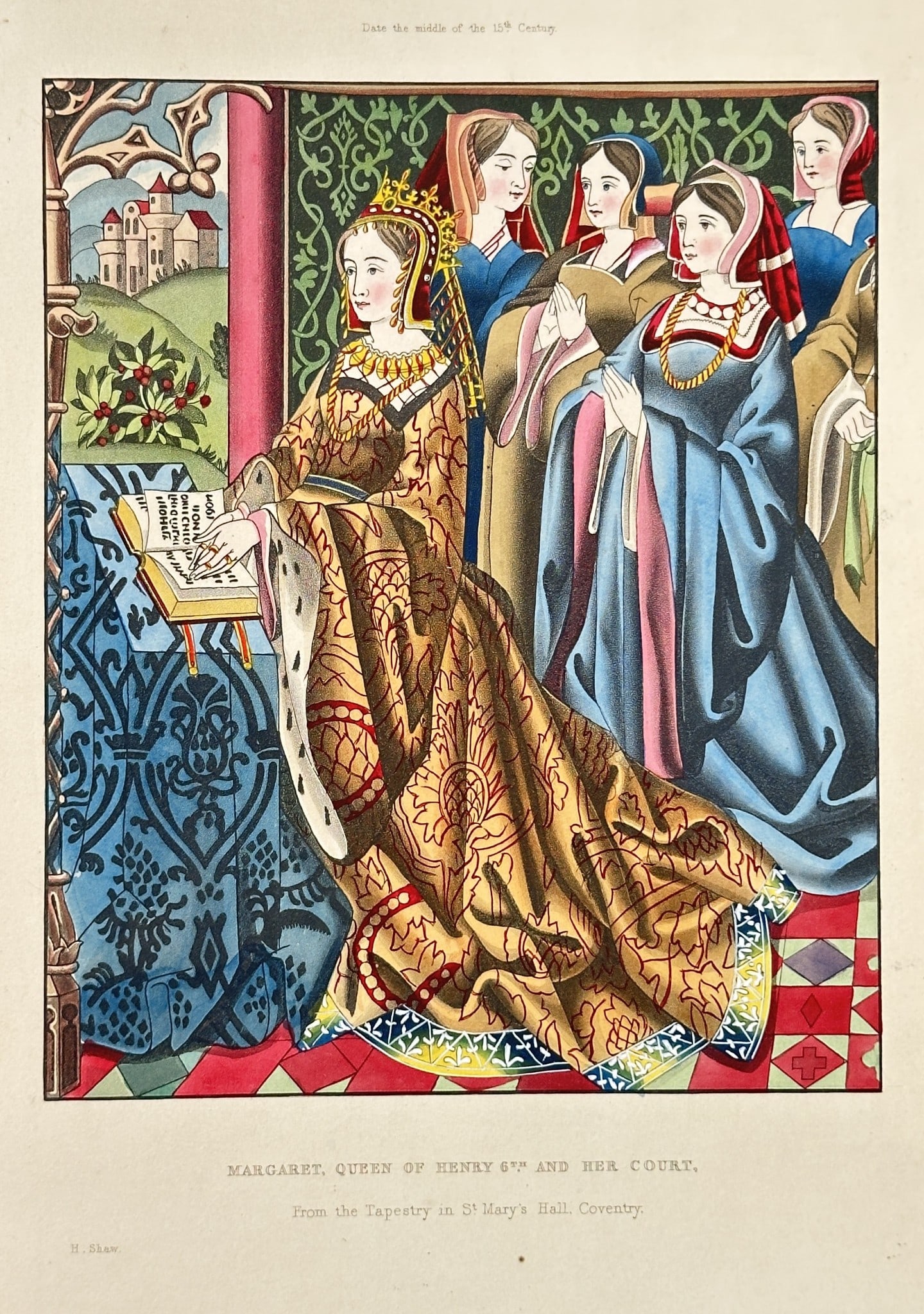 Henry Shaw (1800–1873) – Margaret, Queen of Henry VI and Her Court: This richly colored historical scene depicts Margaret of Anjou, Queen of Henry VI of England, kneeling in prayer alongside the ladies of her court. The figures are rendered in sumptuous 15th-century d
