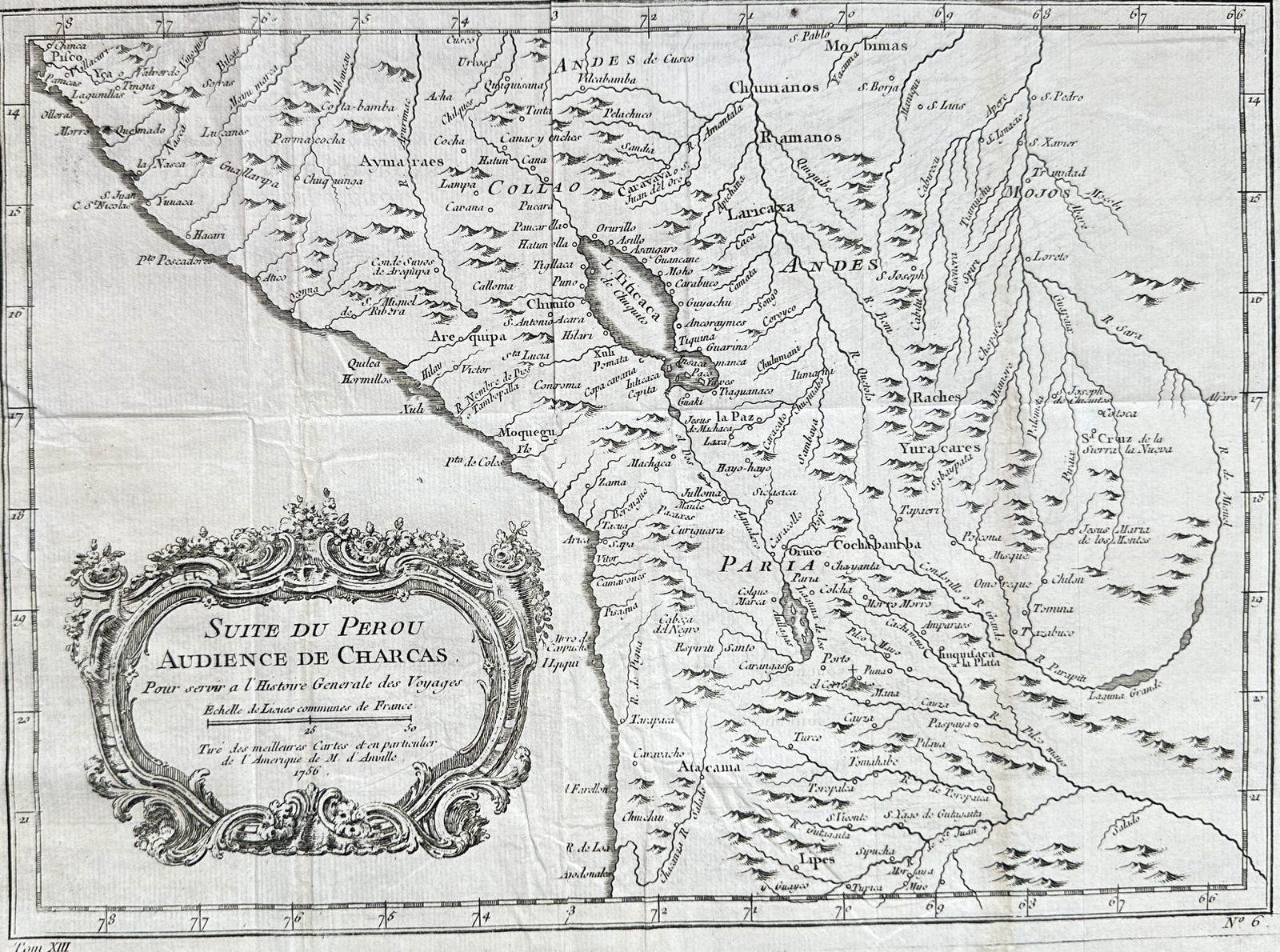 Jean-Baptiste Bourguignon d'Anville (1697–1782) – Continuation of Peru, Audience: This historical map focuses on the interior South American administrative region known as the Audience of Charcas, an area encompassing much of modern-day Bolivia, alongside high-altitude sections of