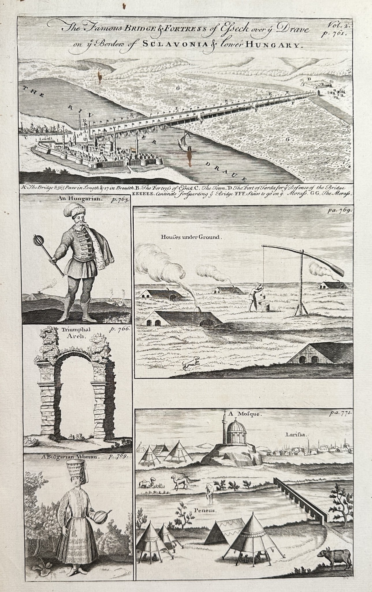 Emanuel Bowen (1693/4–1767) – The Famous Bridge and Fortress of Esseck (1 of 2)