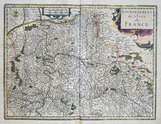 Jodocus Hondius – Map of the Government of Île-de-France – Engraving: This engraving with hand-coloring depicts the Government of the Île-de-France, the region surrounding Paris, illustrating towns, roads, forests, and bordering provinces like Normandy and Picardy. The