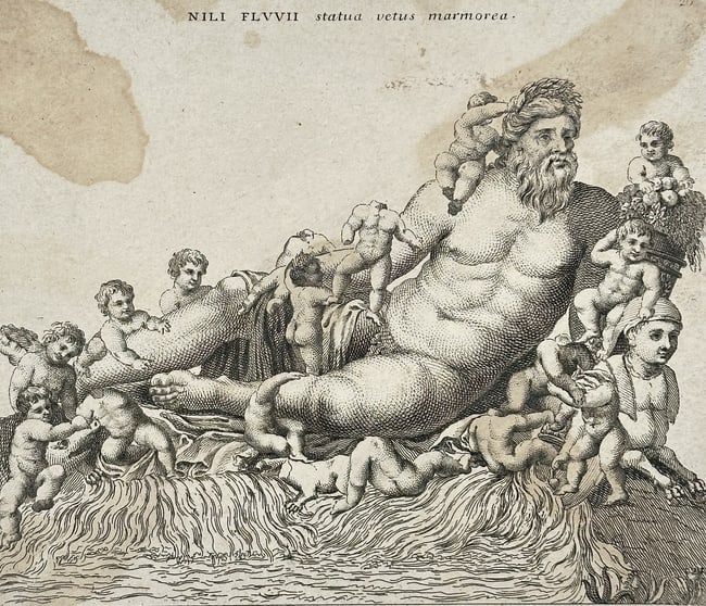 Giovanni Battista Cannetti – Ancient Marble Statue of the River Nile – Engraving: This engraving depicts the famous colossal Roman marble statue of the Nile River God (Nili Fluvii statua), which shows the heavily muscled, bearded deity reclining and surrounded by numerous putti, wh