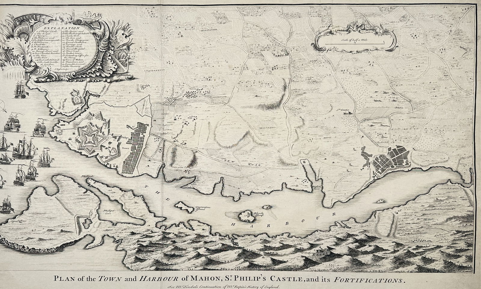 Paul de Rapin de Thoyras (1661-1725) – Map of the Town and Harbour of Mahon, St Philip's Castle: "Plan of the Town and Harbour of Mahon, St Philip's Castle, and its Fortifications" is a detailed topographical map of the strategic port on the island of Minorca. This engraving was published in Lond