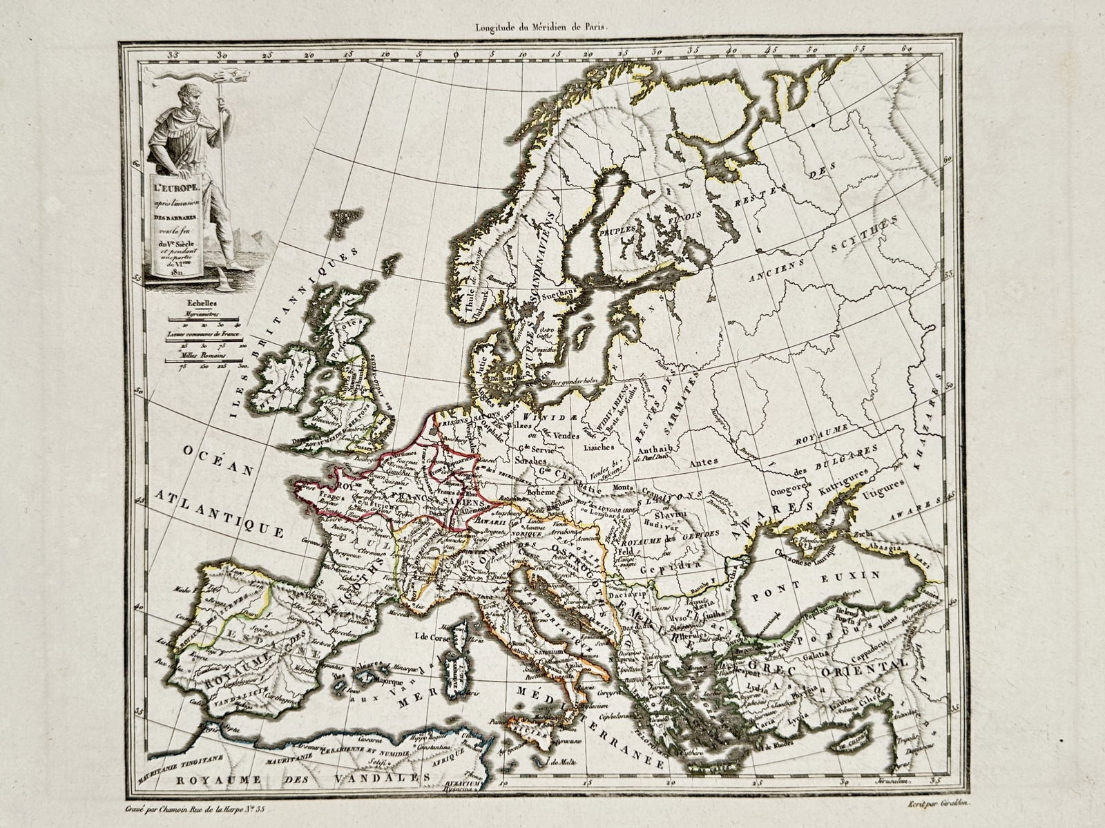 M. Malte-Brun (1775-1826) – Map of Europe after the Invasions of the Barbarians – Europe: "L'Europe après l'Invasion des Barbares vers la fin du Ve Siècle et pendant le VIe." This hand-coloured engraving depicts a historical map of the European continent, illustrating the geopolitical la