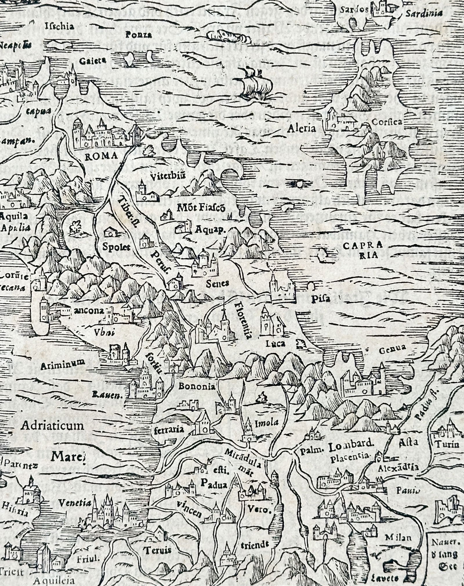 Sebastian Münster (1488–1552) – View of Italy – Woodcut (1550) (1 of 3)