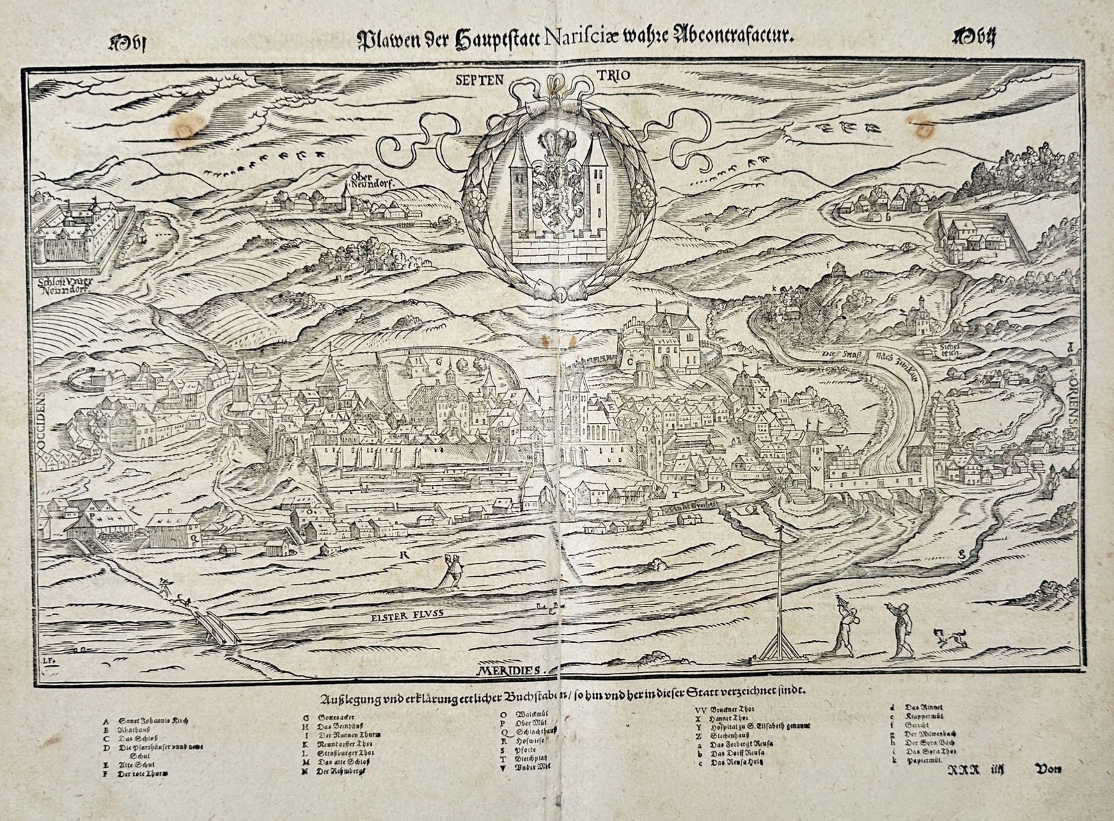 Sebastian Münster (1488–1552) – Panoramic view of the city of Plauen – Woodcut (1550) (1 of 2)