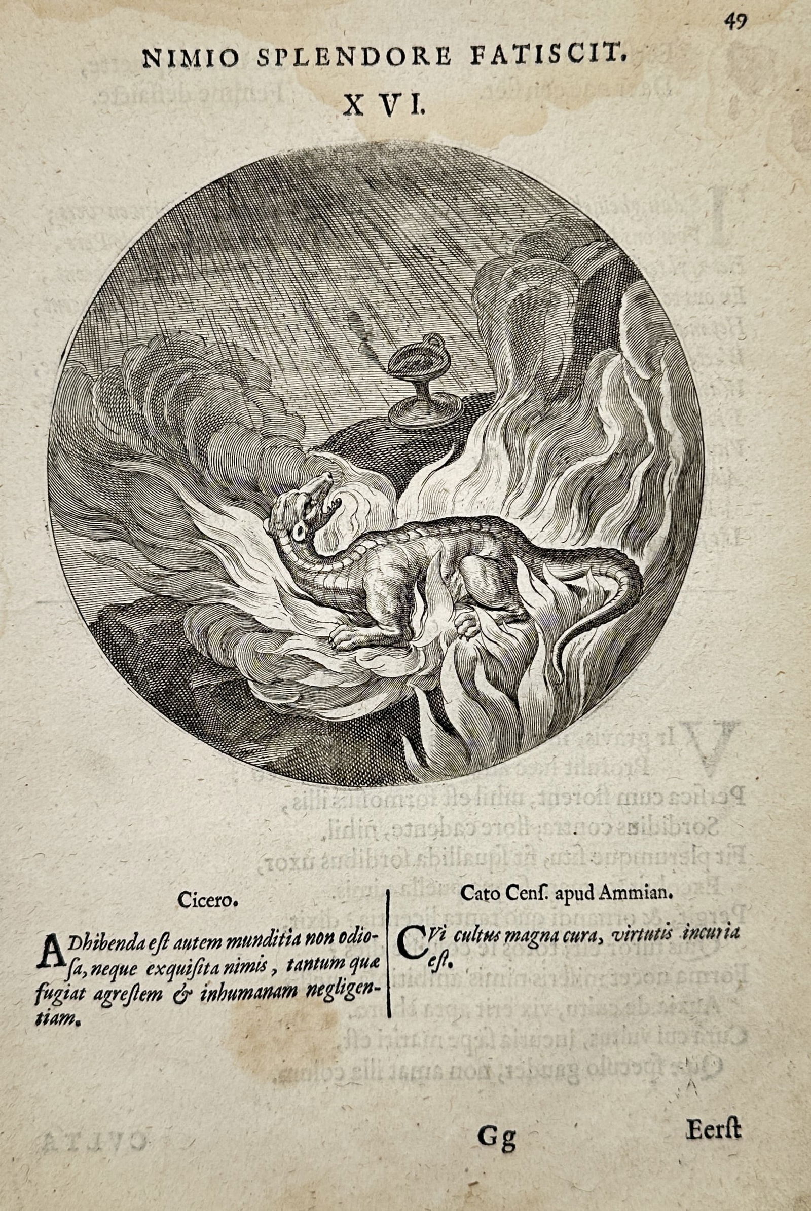 Jacob Cats (1577-1660) – Emblem of the salamander in flames – Engraving (1658) (1 of 2)
