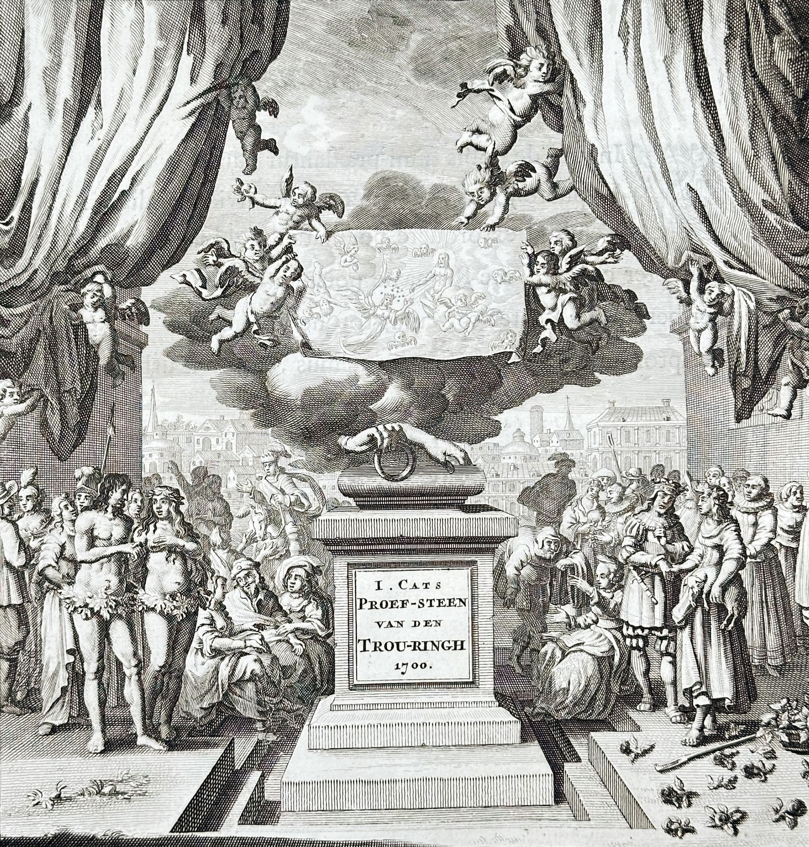 Jacob Cats (1577-1660) – Allegorical title page for Trou-ringh – Engraving (1700) (1 of 3)