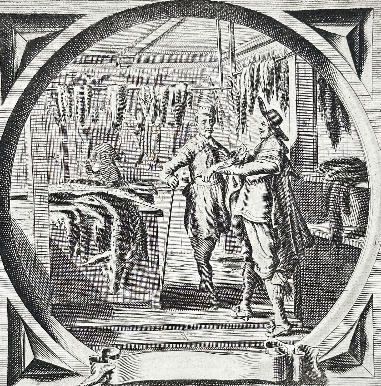 Jacob Cats (1577-1660) – Allegory of the fox and the skins – Engraving (1658): "Christelycke Bedenckingen. Vanno più pelli di volpi, che d’asini, in pelliciaria." This engraving features a rectangular frame enclosing a circular emblem that depicts a furrier's workshop with va