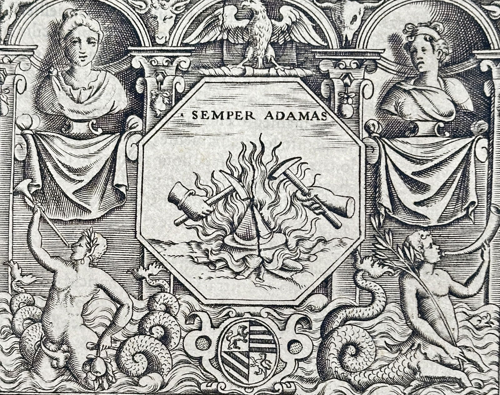 Girolamo Ruscelli (1504-1566) – Semper Adamas – print (1584): "Semper Adamas" This print depicts an emblem featuring an anvil being struck by a hammer, with a central diamond remaining unscathed by the blows. The central octagonal image is set within a highly co