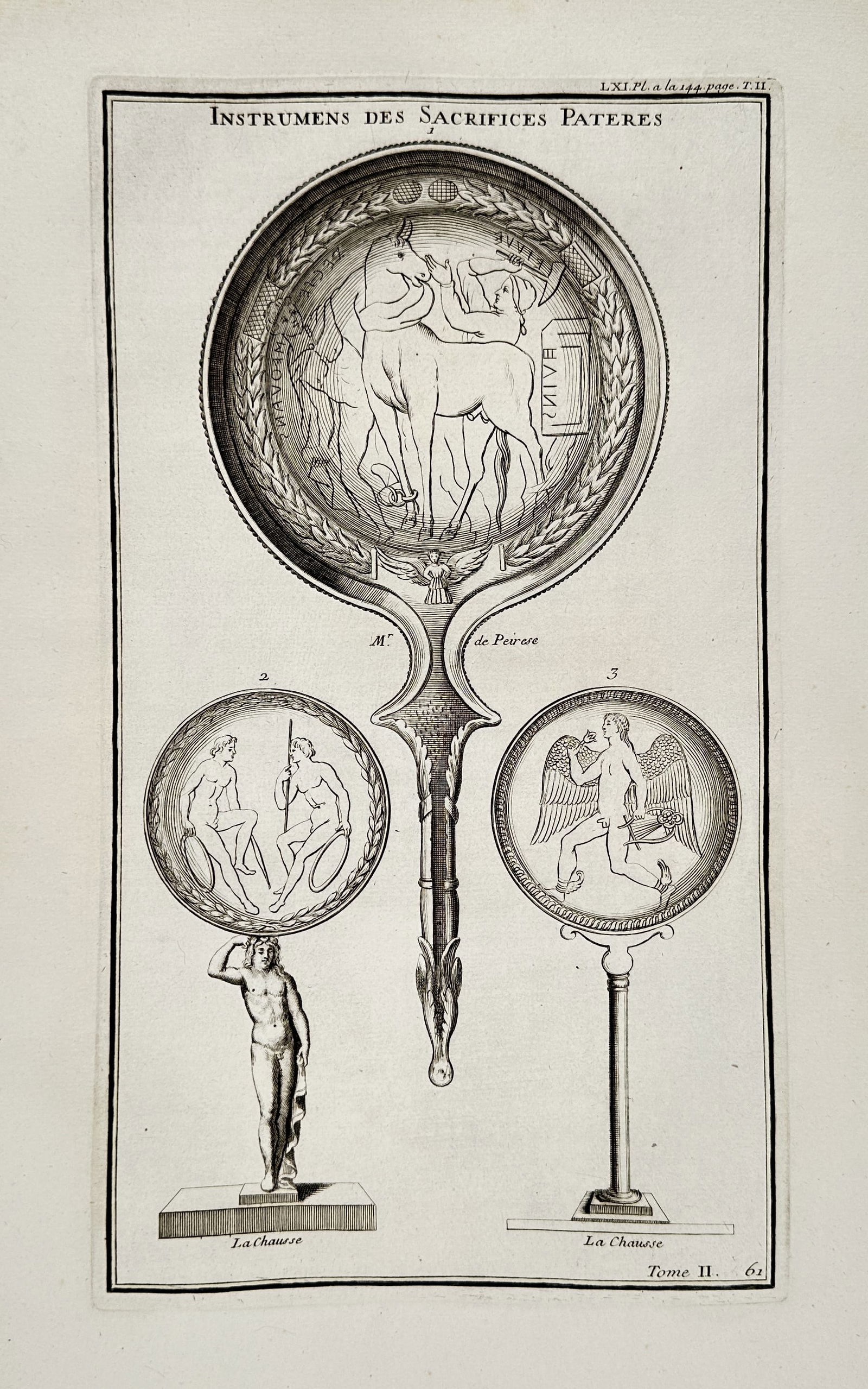 Bernard de Montfaucon (1655–1741) – Ancient sacrificial instruments and patere – Engraving (1 of 2)