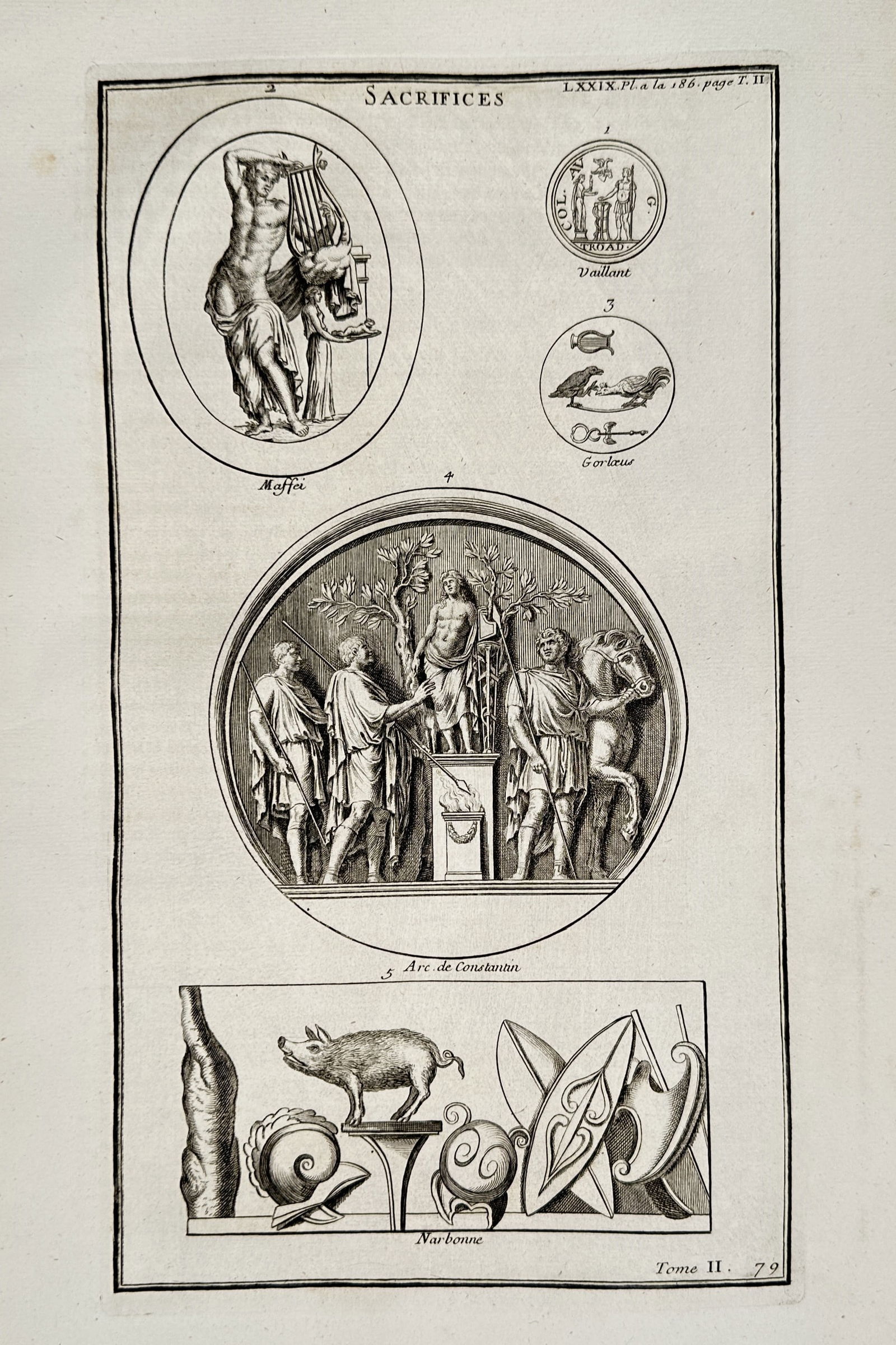 Bernard de Montfaucon (1655–1741) – Classical sacrificial scenes and medallions – Engraving: "Sacrifices." This engraving presents a collection of classical ritualistic and symbolic imagery. The central circular medallion depicts a group of figures, likely Roman soldiers or priests, gathered