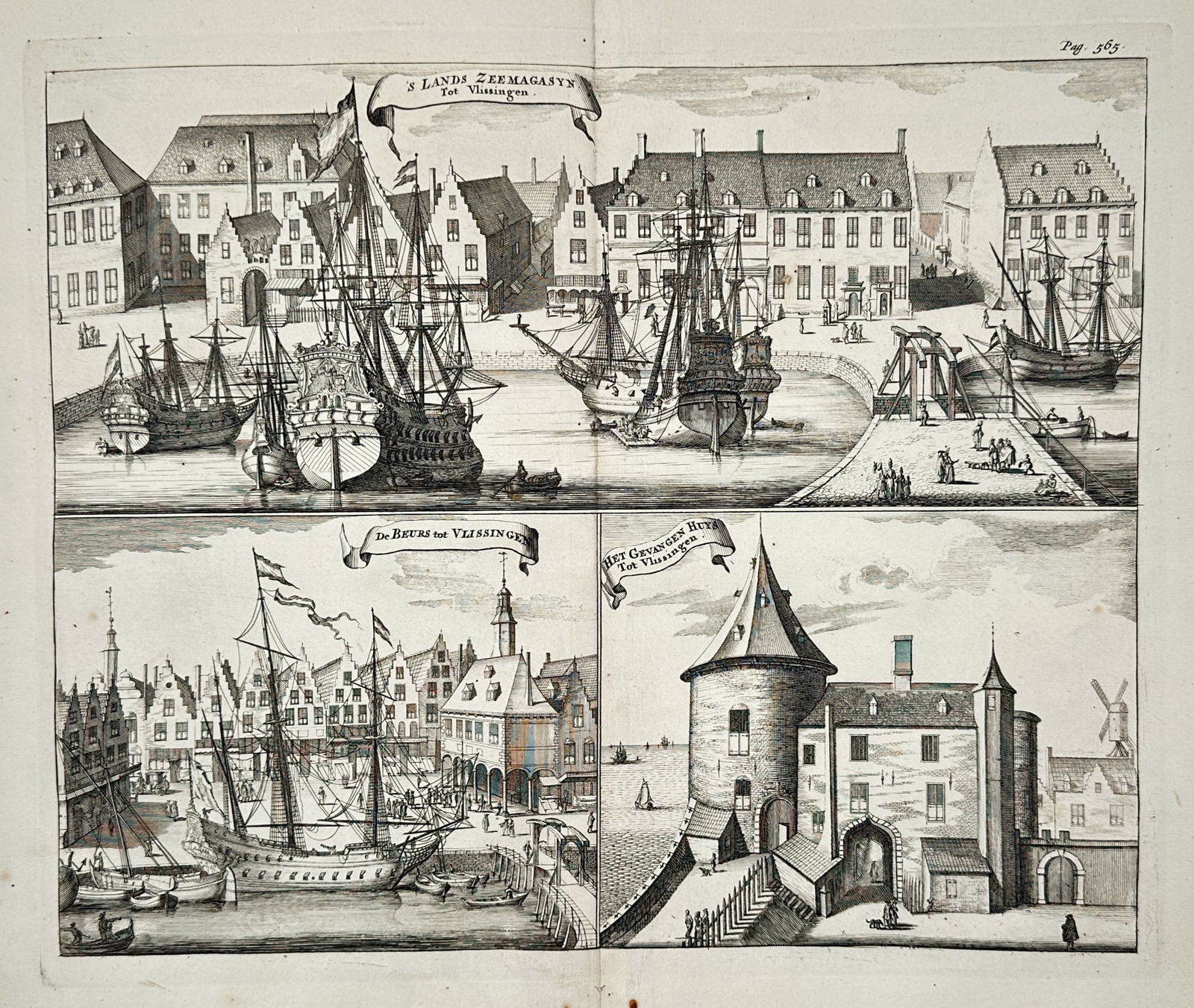 Mattheus Smallegange (1624–1710) – Views of Vlissingen landmarks – Engraving (1696): S Lands Zeemagasyn Tot Vlissingen, De Beurs tot Vlissingen, and Het Gevangen Huys Tot Vlissingen. This engraving features four distinct views of prominent sites in the maritime city of Vlissingen. The