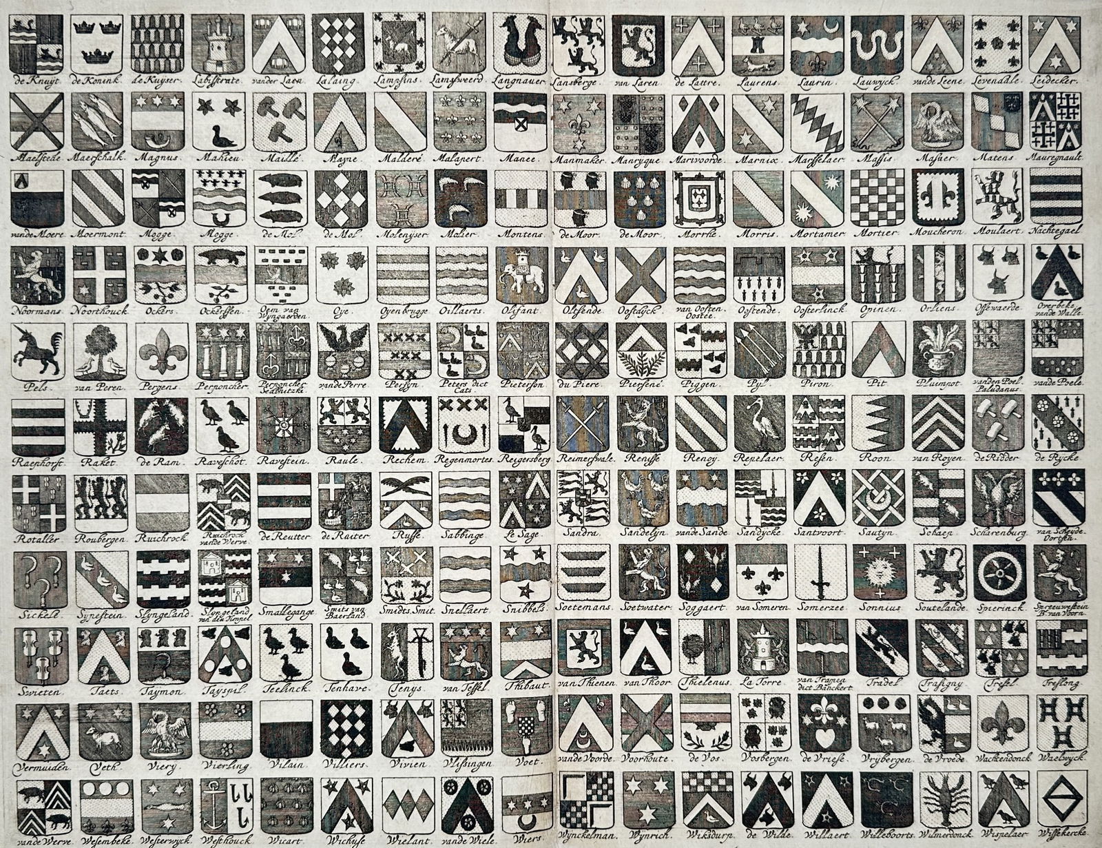 Mattheus Smallegange (1624-1710) – Heraldic collection of Zeeland family arms – Engraving (1696): Zeeland Veredelt. This engraving presents an extensive grid of individual family coats of arms belonging to the noble and regent families of the province of Zeeland. The plate features over one hundre