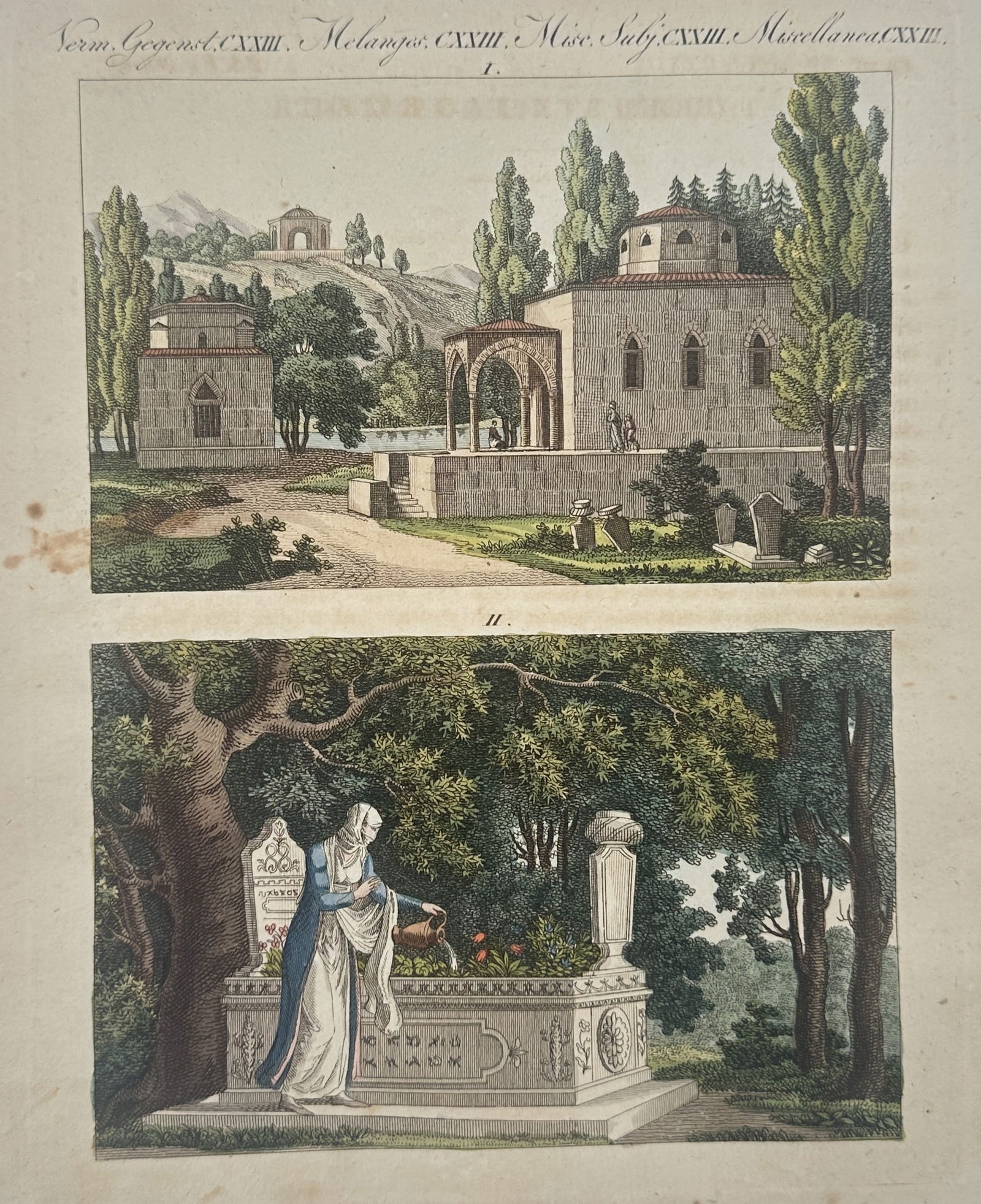 Friedrich Justin Bertuch (1747–1822) – Views of Cemeteries and Funerary Monuments: "Views of Cemeteries and Funerary Monuments" consists of two hand-coloured etchings depicting architectural and commemorative structures within landscaped settings. The upper image illustrates a subst