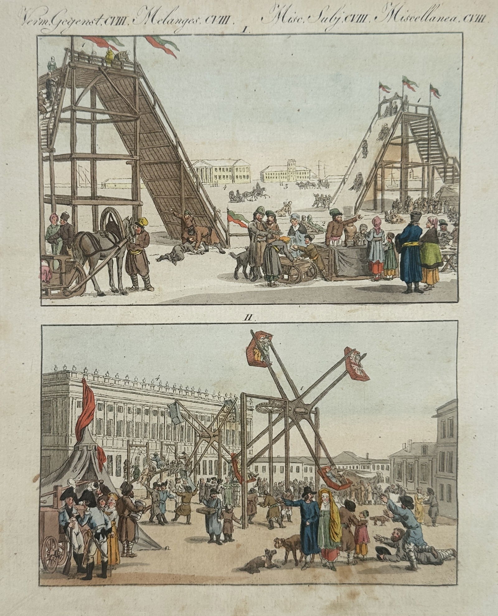 Friedrich Justin Bertuch (1747–1822) – Views of Public Entertainment and Amusements: "Views of Public Entertainment and Amusements" consists of two hand-coloured etchings depicting scenes of popular recreation and social gathering in a public square. The upper image illustrates a larg