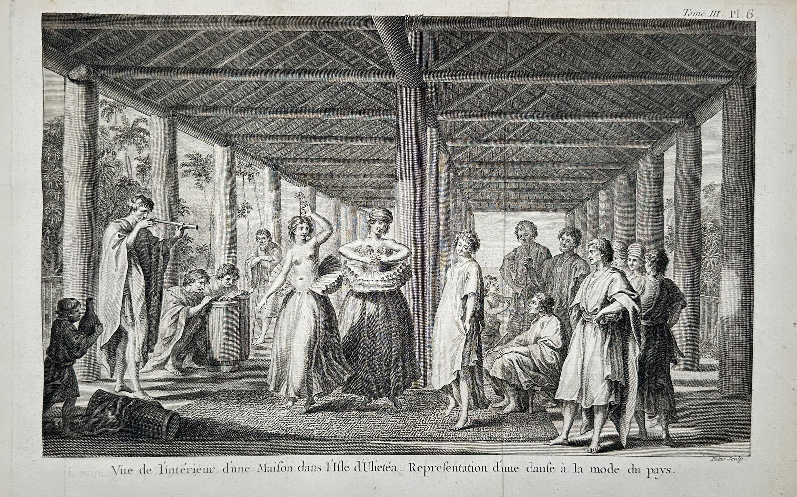 Captain James Cook – Interior of a House in Ulietea – Society Islands – engraving (1785): "Vue de l’Interieur d’une Maison dans l’Isle d’Ulietea. Representation d’une danse a la mode du pays." This engraving depicts a traditional dance performance within a large, thatched open-ai