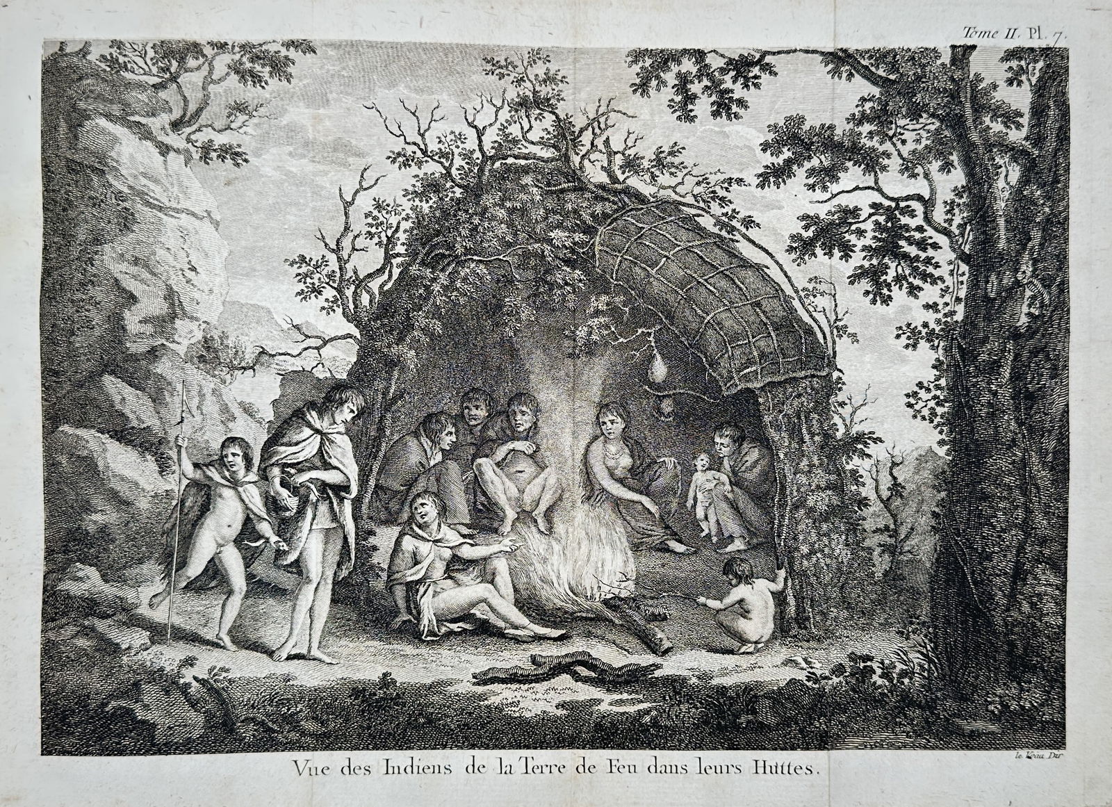 Captain James Cook – View of the Indians of Tierra del Fuego – South America – engraving: "Vue des Indiens de la Terre de Feu dans leurs Huttes." This engraving depicts a group of indigenous Yahgan or Selk'nam people gathered around a central fire inside a makeshift coastal shelter. The sc