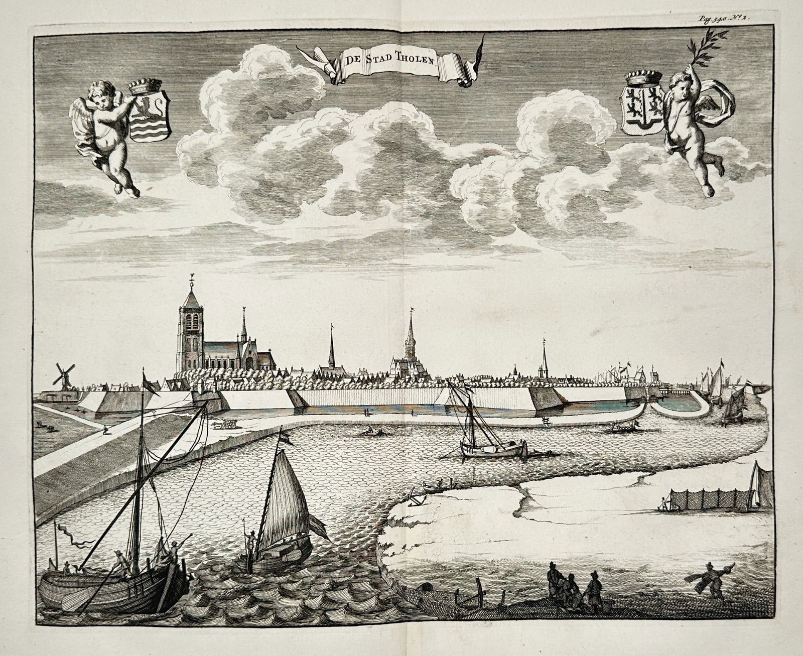 Mattheus Smallegange (1624–1710) – City of Tholen – engraving (1696): This engraving presents a panoramic maritime view of the city of Tholen, depicted from the water with several sailing vessels and small boats in the foreground. The detailed cityscape features the pro