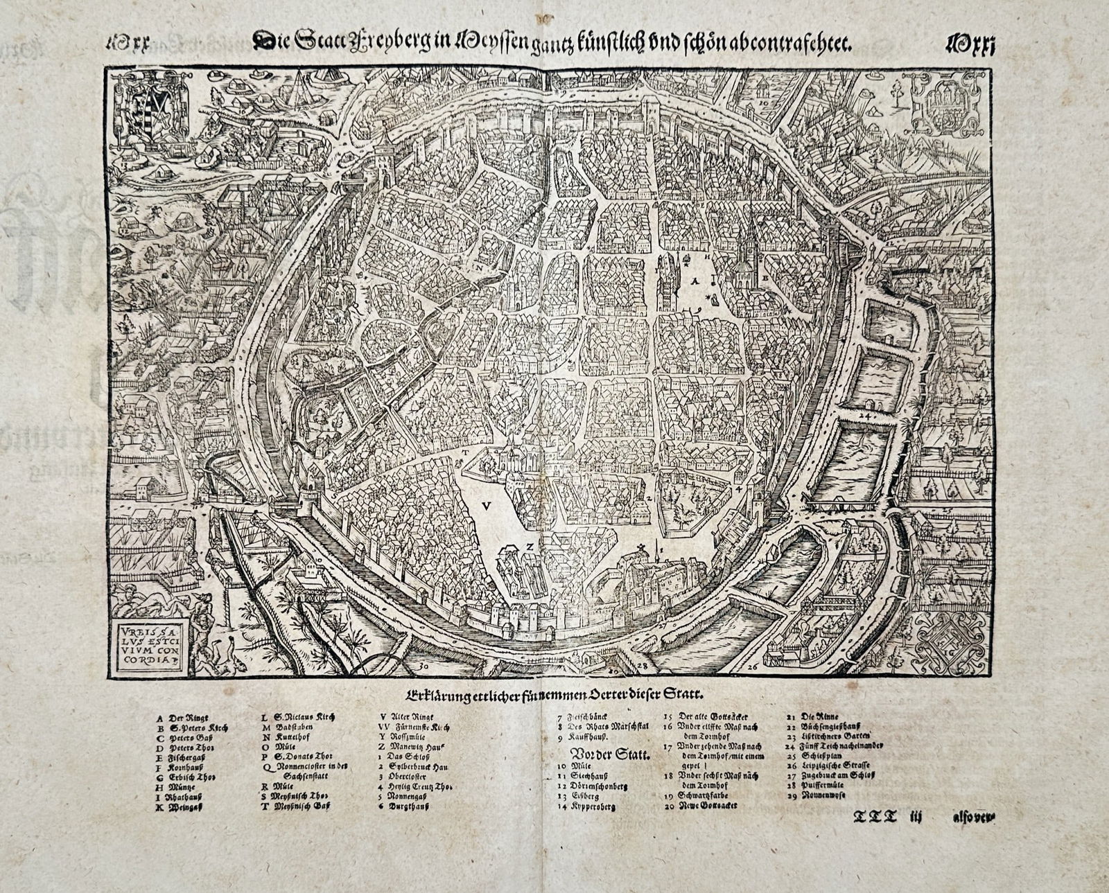 Sebastian Munster (1488–1552) – View of the City of Freiberg – Woodcut (1550) (1 of 2)