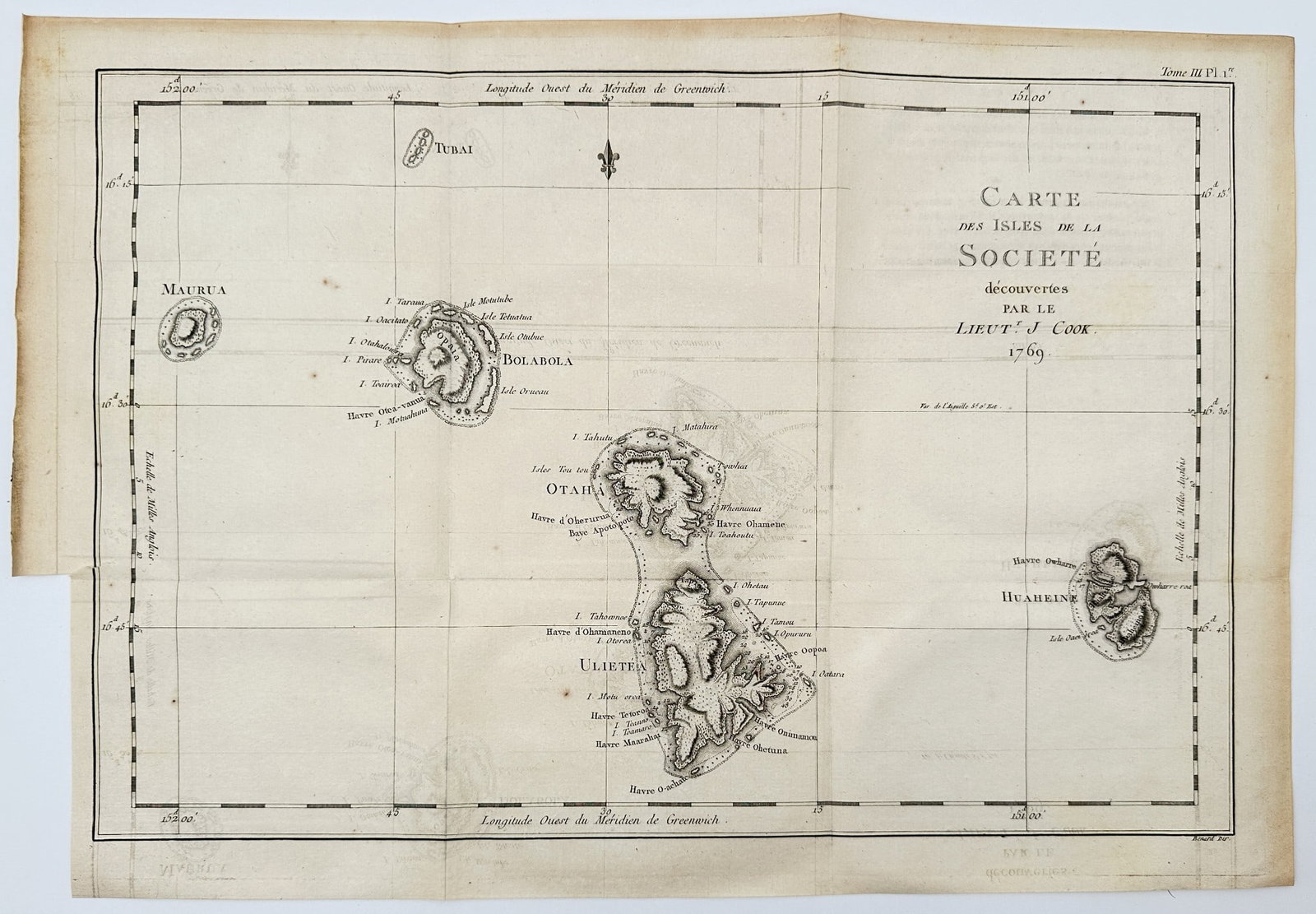 Captain James Cook (1728–1779) – Map of the Society Islands discovered by Lieut: This engraving depicts a detailed nautical chart of the Society Islands, including Maurua, Bolabola, Otaha, Ulietea, and Huaheine, as discovered by Captain James Cook in 1769. The map features the dis