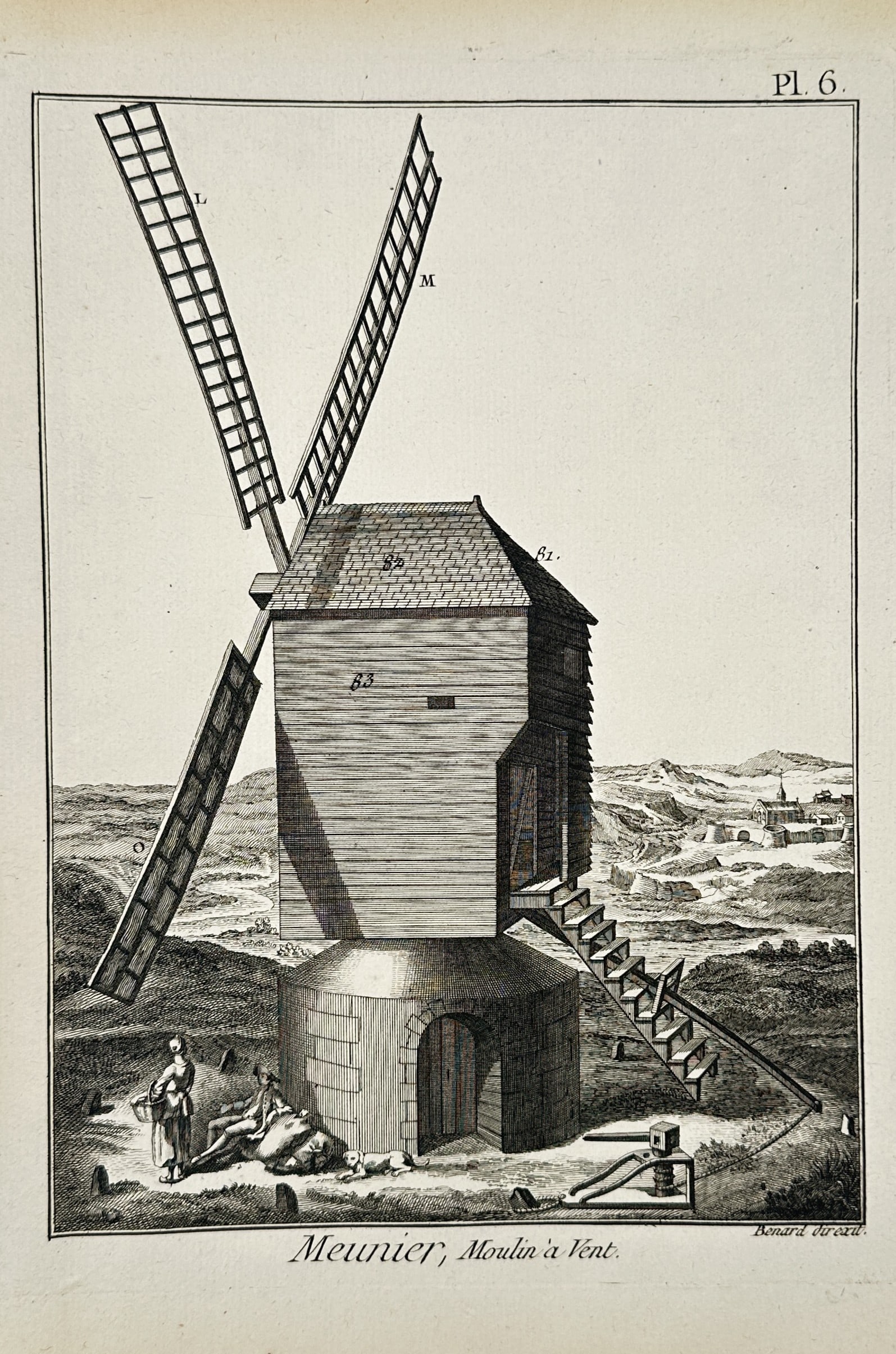 Robert Bénard (1734–1777) – View of a Post Windmill for Grain Milling – Engraving (1771) (1 of 2)