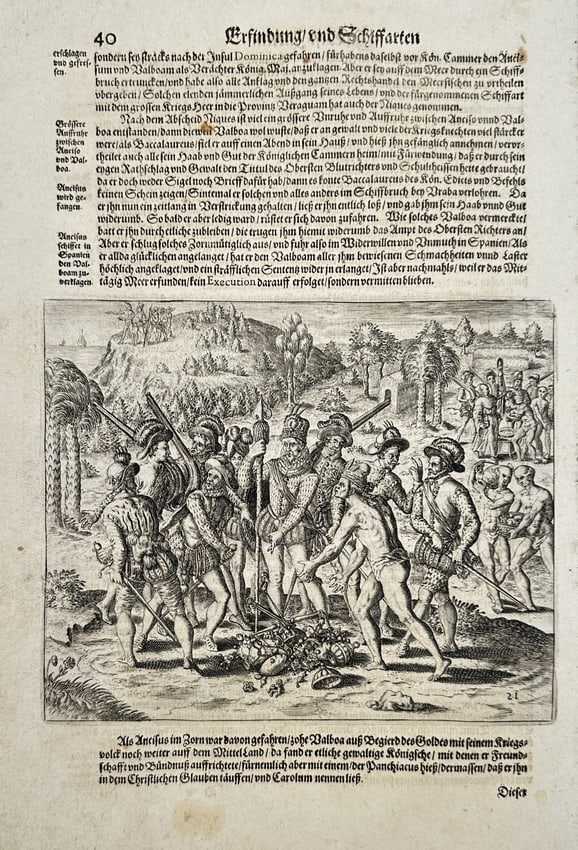 Theodor de Bry (1528–1598) – King Panchiaco Presents Gold to Vasco Núñez de Balb (1 of 2)