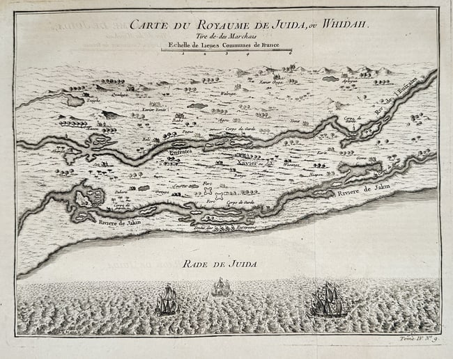Jacques-Nicolas Bellin (1703–1772) – Map of the Kingdom of Judah and Whydah: This topographical map is titled Carte du Royaume de Juida, ou Whidah (Map of the Kingdom of Judah, or Whydah). The map depicts a coastal region of West Africa, specifically the area around the histor