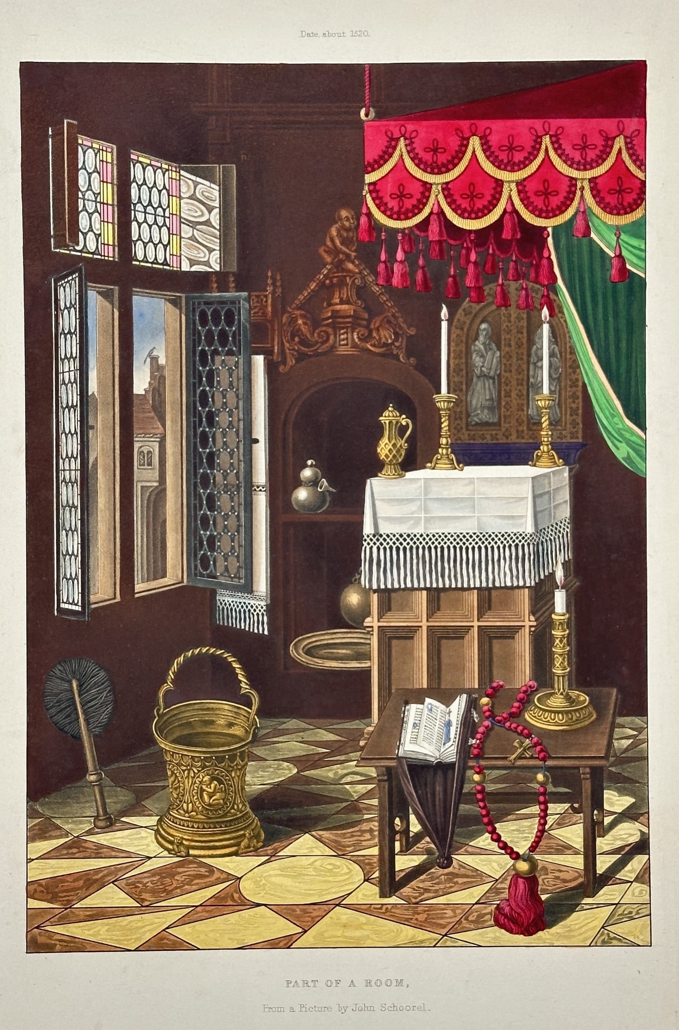 Henry Shaw (1800–1873) – Part of a Room – Hand-colored illustration (Circa 1840): This print is an illustration titled Part of a Room, depicting the interior of a highly decorated private chamber or chapel, specified as being "From a Picture by John Mabuse" (Jan Gossaert). The imag