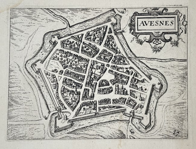 Georg Braun (1541–1622) and Franz Hogenberg (c. 1535–1590) – Map of Avesne: This is a detailed bird's-eye view map of the fortified city of Avesnes (Avesnes-sur-Helpe), located in the Nord department of France. The map shows the city's street layout within its extensive defen