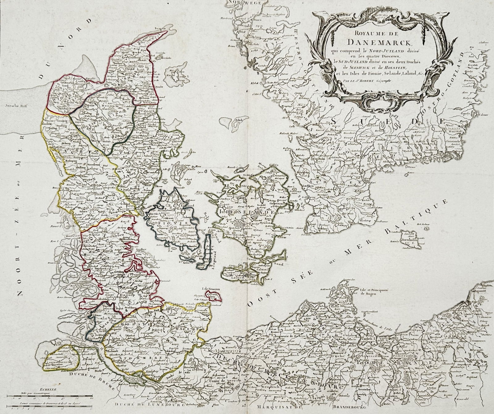Didier Robert de Vaugondy – Map of the Kingdom of Denmark – Northern Europe – Engraving (1750): "Royaume de Danemarck." This engraving presents a detailed cartographic survey of the Kingdom of Denmark and the southern coastlines of Norway and Sweden during the mid eighteenth century. The map del