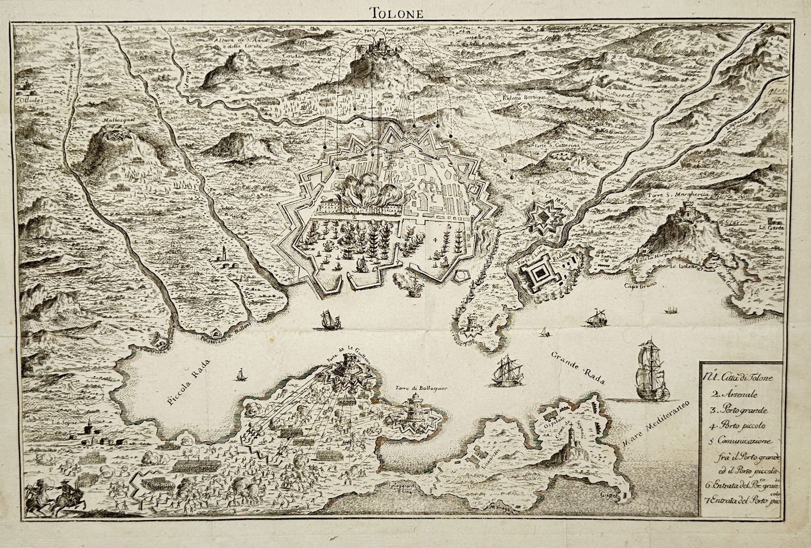 Alain Manesson Mallet (1630–1706) – Plan of Toulon – France – Engraving (1685): "Tolone." This engraving presents a detailed bird's eye view and topographical plan of the port city of Toulon on the Mediterranean coast of France. The work illustrates the city's strategic harbor, s